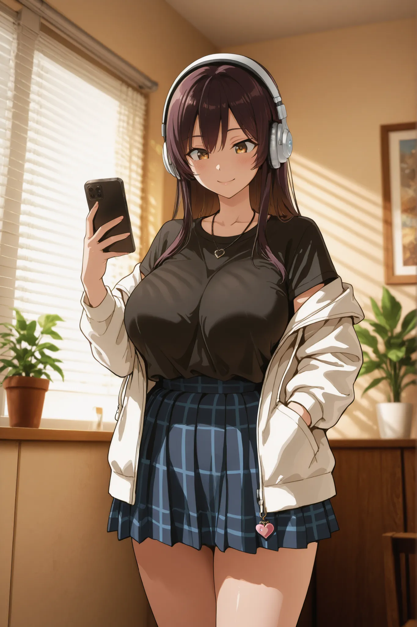 person with long, dark hair, dressed in a black t-shirt and a white jacket accentuating her breasts. He wears a black necklace with a heart-shaped charm and holds a mobile phone in his right hand while listening to music with headphones with a subtle smile...