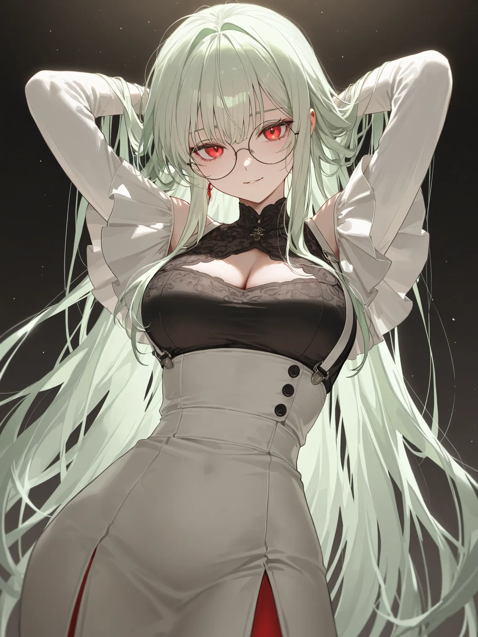 Han Myung, an adult, a beautiful woman, long light green hair, sharp red eyes, round glasses, suspender dress