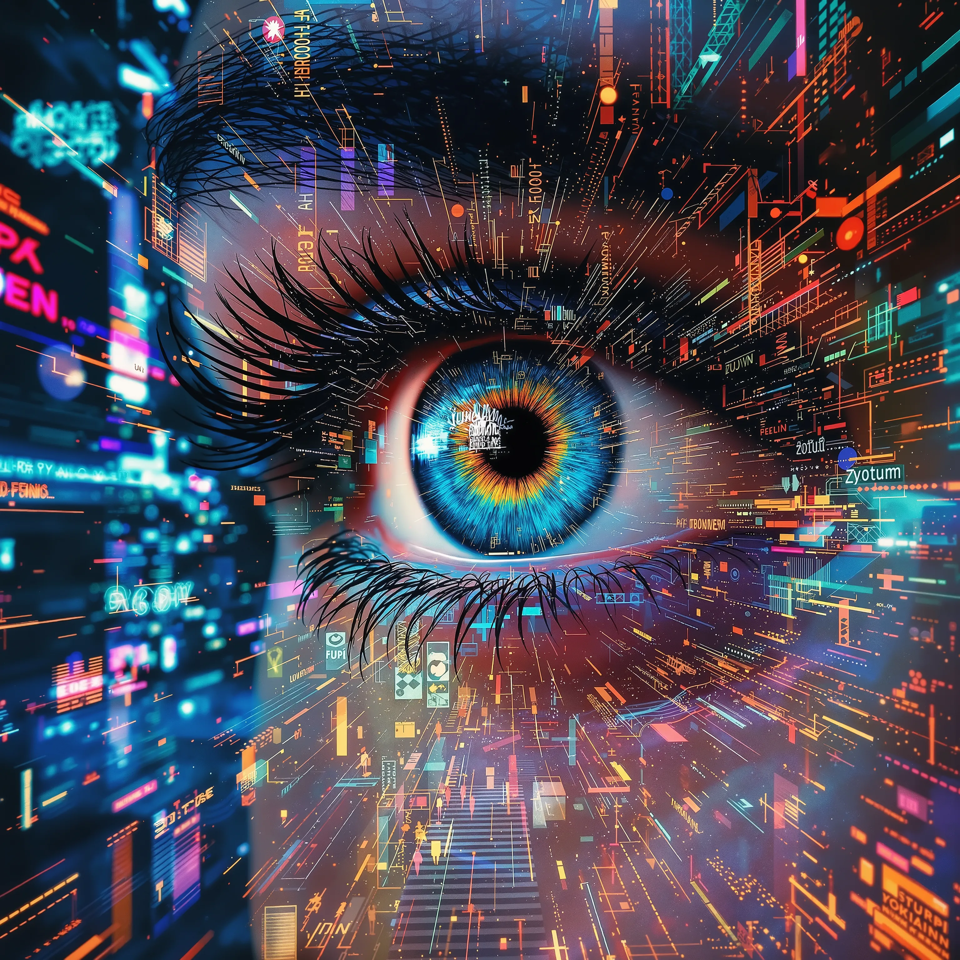 (masterpiece, digital art:1.3), highly intricate double exposure art inspired by Yuumei, (close-up of a person's eye:1.2) superimposed on a bustling city street, cyberpunk aesthetic, trending on CGSociety, multiple exposure technique, overlaying textures w...