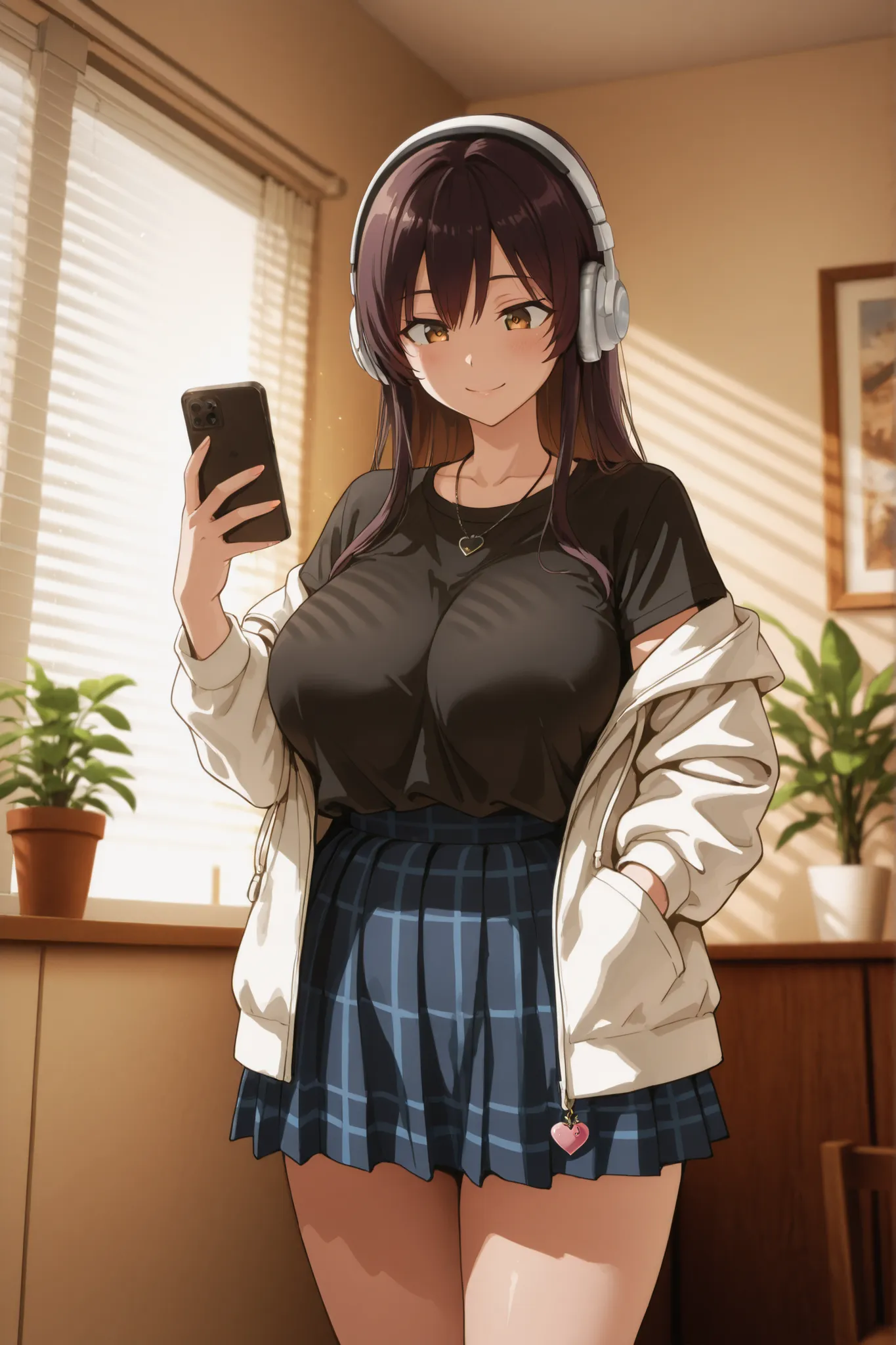 person with long, dark hair, dressed in a black t-shirt and a white jacket accentuating her breasts. He wears a black necklace with a heart-shaped charm and holds a mobile phone in his right hand while listening to music with headphones with a subtle smile...
