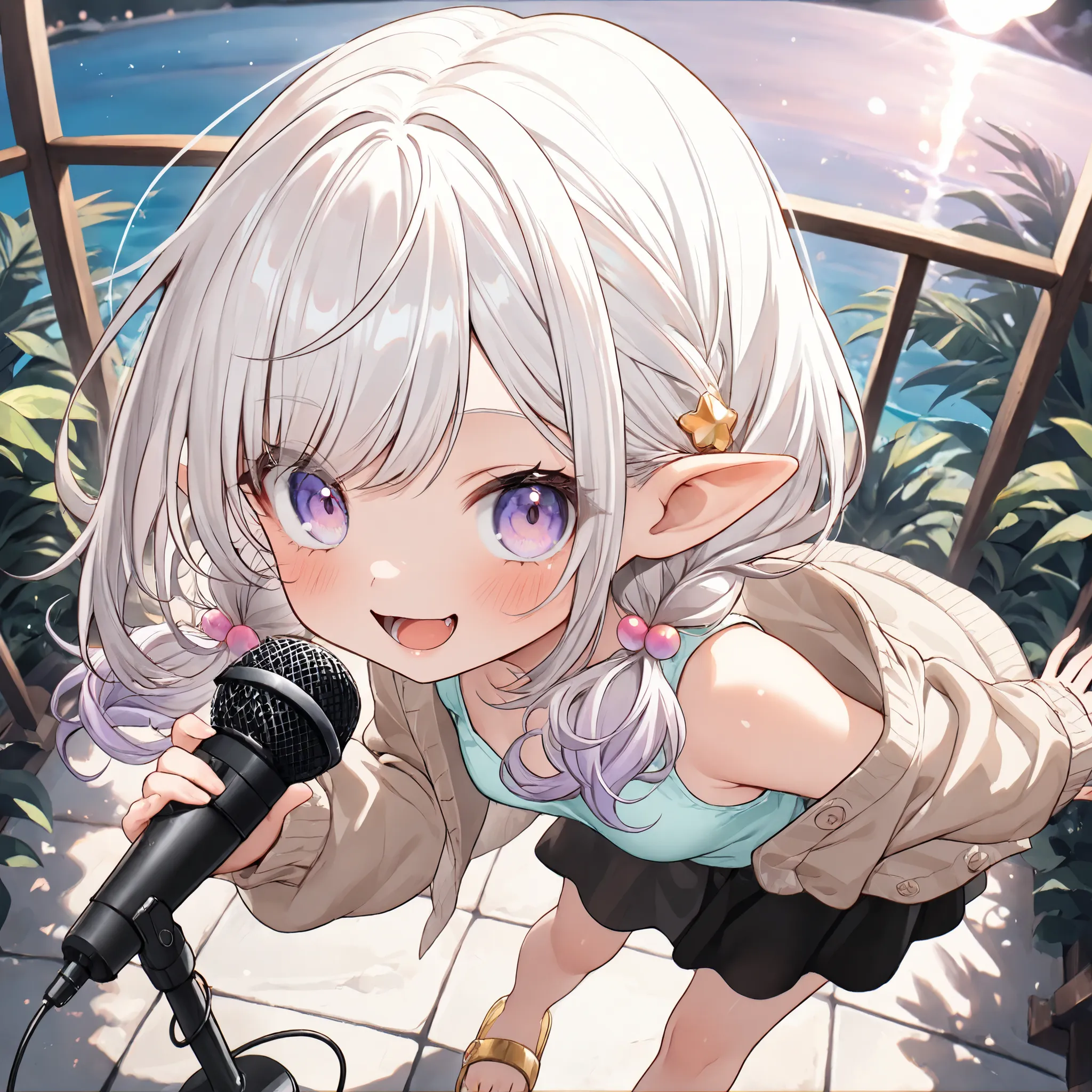 ((Masterpiece)), ((best quality, very aesthetic, absurdres, newest)), (fisheye, from above, profile), (8K), (cinematic lighting), ((1girl)), (cute young girl), (Healthy body, Textured skin, small breast, tilt head), elf ears, Glossy unruly hair, (platinum-...