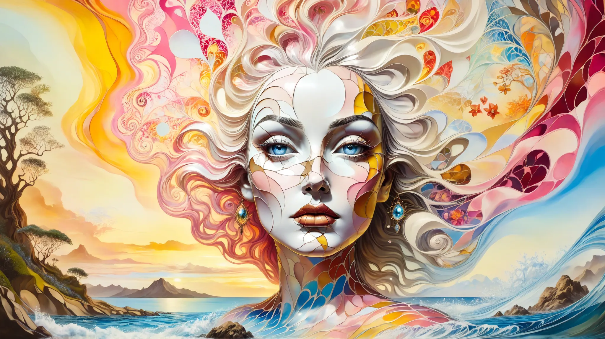 A surreal oil painting inspired by Salvador Dalí, depicting a woman's face merging with nature. Her features are fluid, blending into swirling floral patterns in vibrant pinks, oranges, and yellows. Her ethereal skin is a mix of whites and earth tones, par...