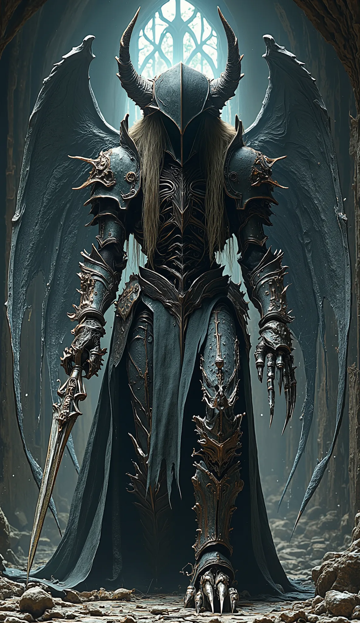 ((masterpiece)) ((hyperrealistic)) ((Very detailed)) Metal skeleton, impressively and frighteningly: long hair in an attacking position and screams. His body made of rusty steel and devoid of flesh. . In one hand, she holds a worn spear, and in the other, ...