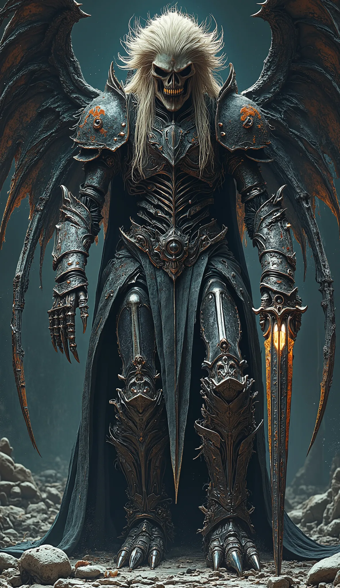 ((masterpiece)) ((hyperrealistic)) ((Very detailed)) Metal skeleton, impressively and frighteningly: long hair in an attacking position and screams. His body made of rusty steel and devoid of flesh. . In one hand, she holds a worn spear, and in the other, ...