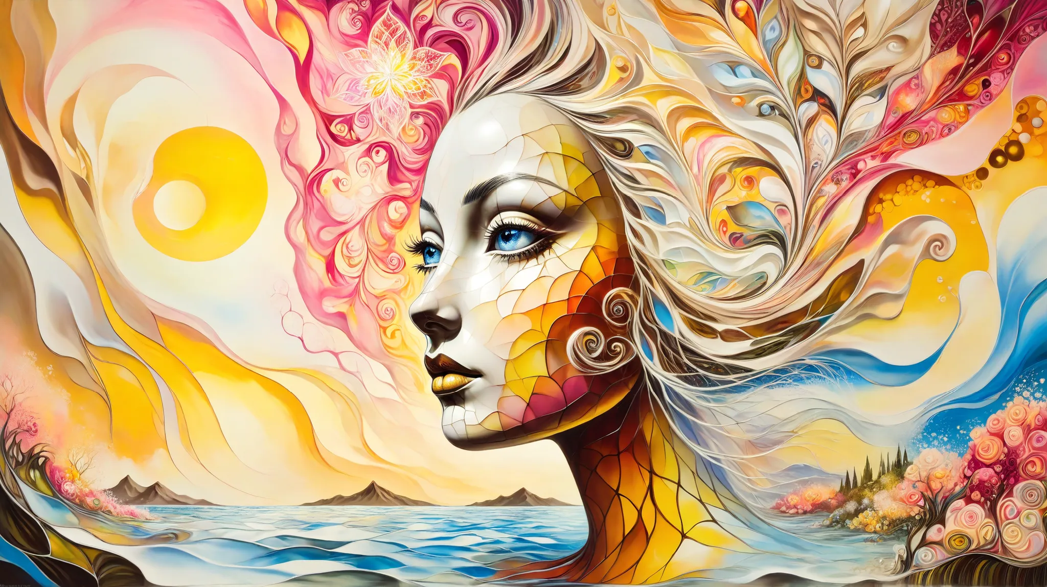 A surreal oil painting inspired by Salvador Dalí, depicting a woman's face merging with nature. Her features are fluid, blending into swirling floral patterns in vibrant pinks, oranges, and yellows. Her ethereal skin is a mix of whites and earth tones, par...