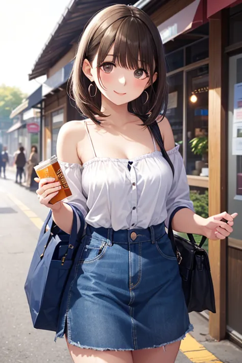 garden,  in the image , lively, probably commercial setting, slightly, Her long, Her dark hair is gathered in a low ponytail It's, swirl earrings suggest a young woman's ears, She's wearing a black strappy top, part of her décolletage is eXposed, over her shoulders, suggests an accidental moment taken during everyday activities, The scene looks casual, probably taken outdoors near a store or market, background, blurry、Recognizable, She's carrying a contrasting brown leather bag with her clothes {X} is a pile of colorful boXes and a bright orange traffic cone, shows a young woman hinting at, The lighting is soft, suggests sunshine , 女性の胴体とbackgroundのアイテムを推測しています, Focus, The overall mood is relaXed and casual, 、 ， ,   ，., 、，..



,( masterpiece, best quality, high resolution, ultra high resolution, pixel perfect, depth of field, 4K, RTTX10.0),
、Anegasaki Nene, shiny brown hair, beautiful brown eyes, smiling face, sparkling pupils, (fine grain), , highly detailed face,, (masterpiece:1.2, best quality), ((only1 girl)), ((cowboy shot))