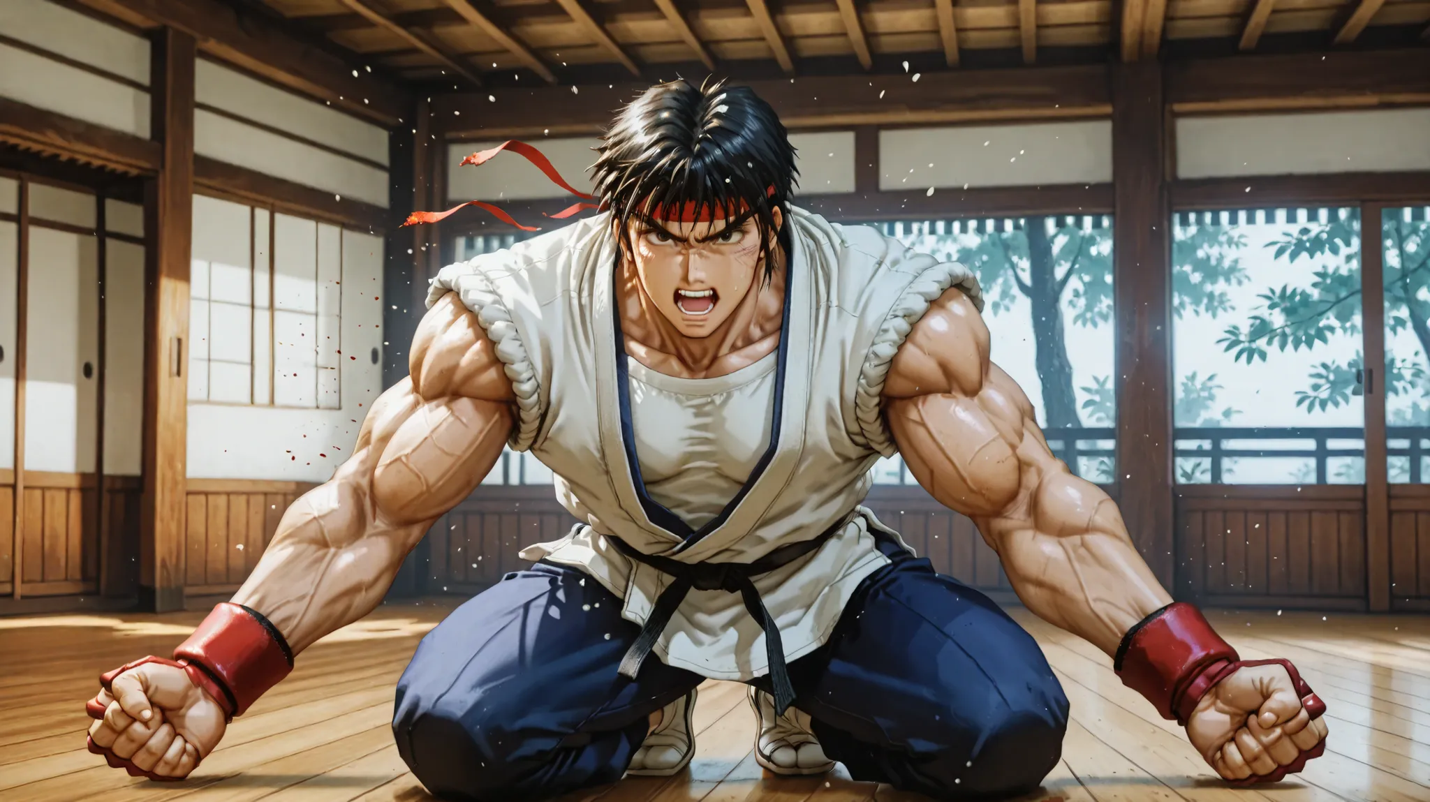 A brutal training fight between Ryu and Ken in a traditional Japanese dojo surrounded by nature. Ryu, wearing his white gi, is throwing a powerful punch toward Ken’s face, sweat and dust flying off. Ken, in his red gi, is mid-air from the impact but gritti...