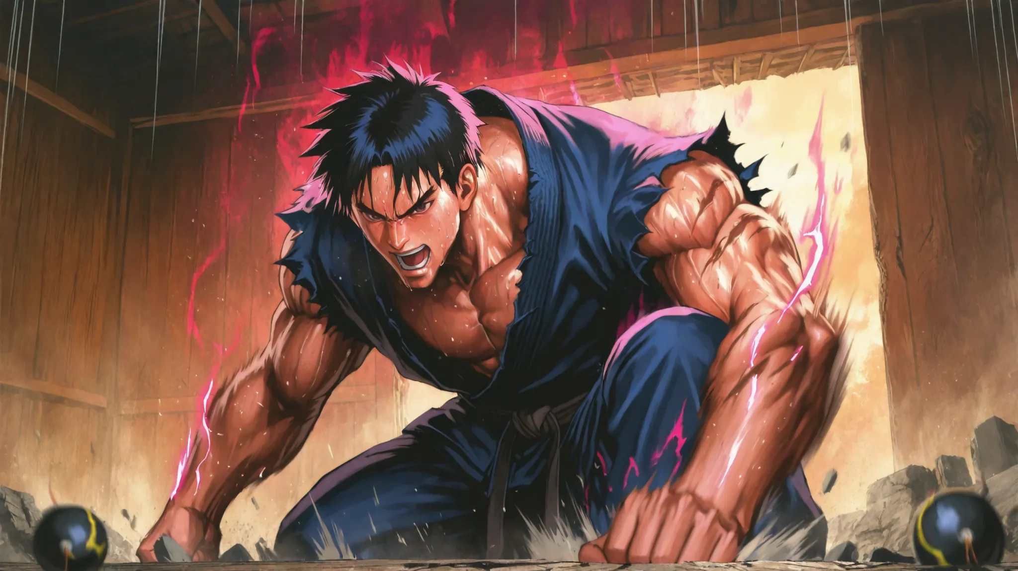Intense anime-style training fight between Ryu and Ken in a dojo at sunset. Ryu lands a heavy punch to Ken’s jaw, with exaggerated speed lines, motion blur, and a burst of energy. Ken’s head snaps sideways, his hair flying, but his eyes show focus. Both ar...