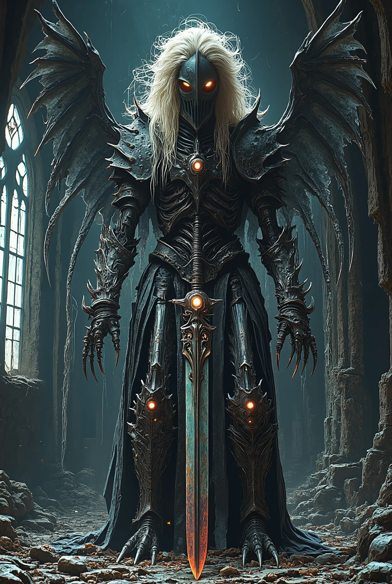 ((masterpiece)) ((hyperrealistic)) ((Very detailed)) Metal skeleton, impressively and frighteningly: long hair in an attacking position and screams. His body made of rusty steel and devoid of flesh. . In one hand, she holds a worn spear, and in the other, ...