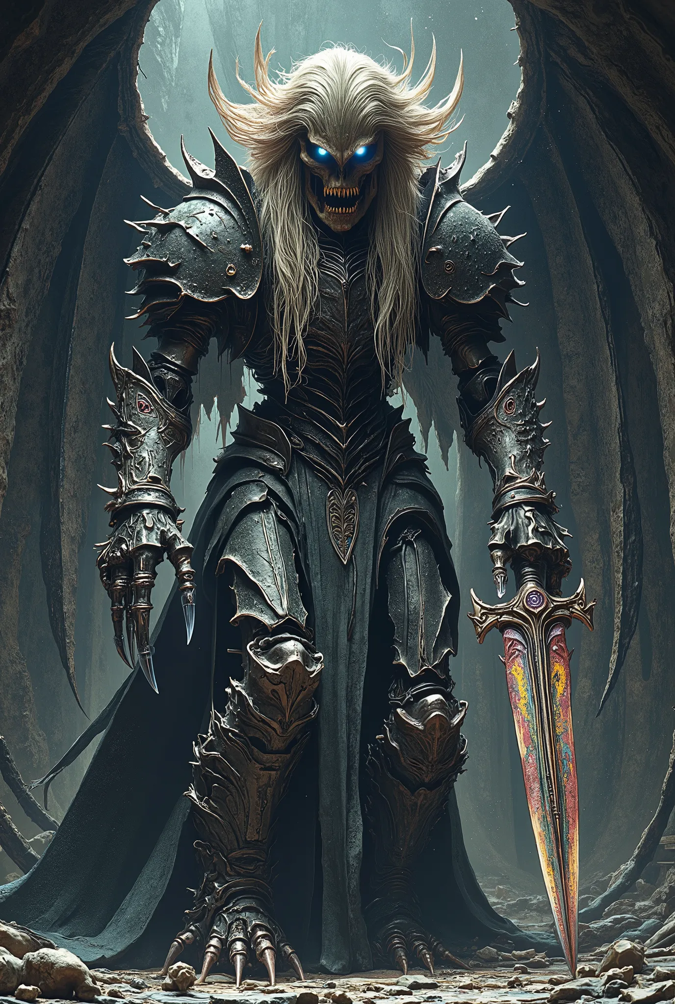 ((masterpiece)) ((hyperrealistic)) ((Very detailed)) Metal skeleton, impressively and frighteningly: long hair in an attacking position and screams. His body made of rusty steel and devoid of flesh. . In one hand, she holds a worn spear, and in the other, ...
