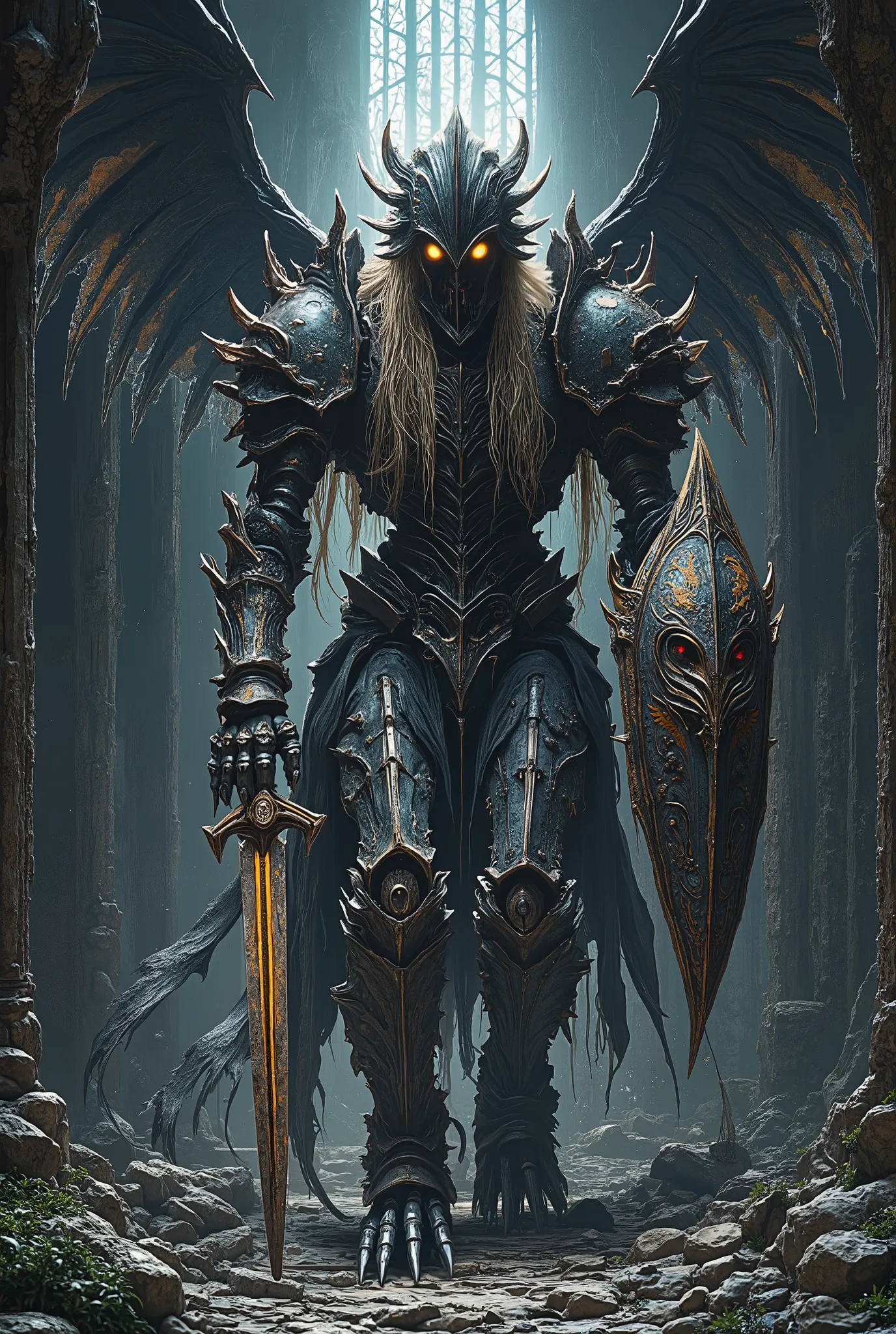 ((masterpiece)) ((hyperrealistic)) ((Very detailed)) Metal skeleton, impressively and frighteningly: long hair in an attacking position and screams. His body made of rusty steel and devoid of flesh. . In one hand, she holds a worn spear, and in the other, ...