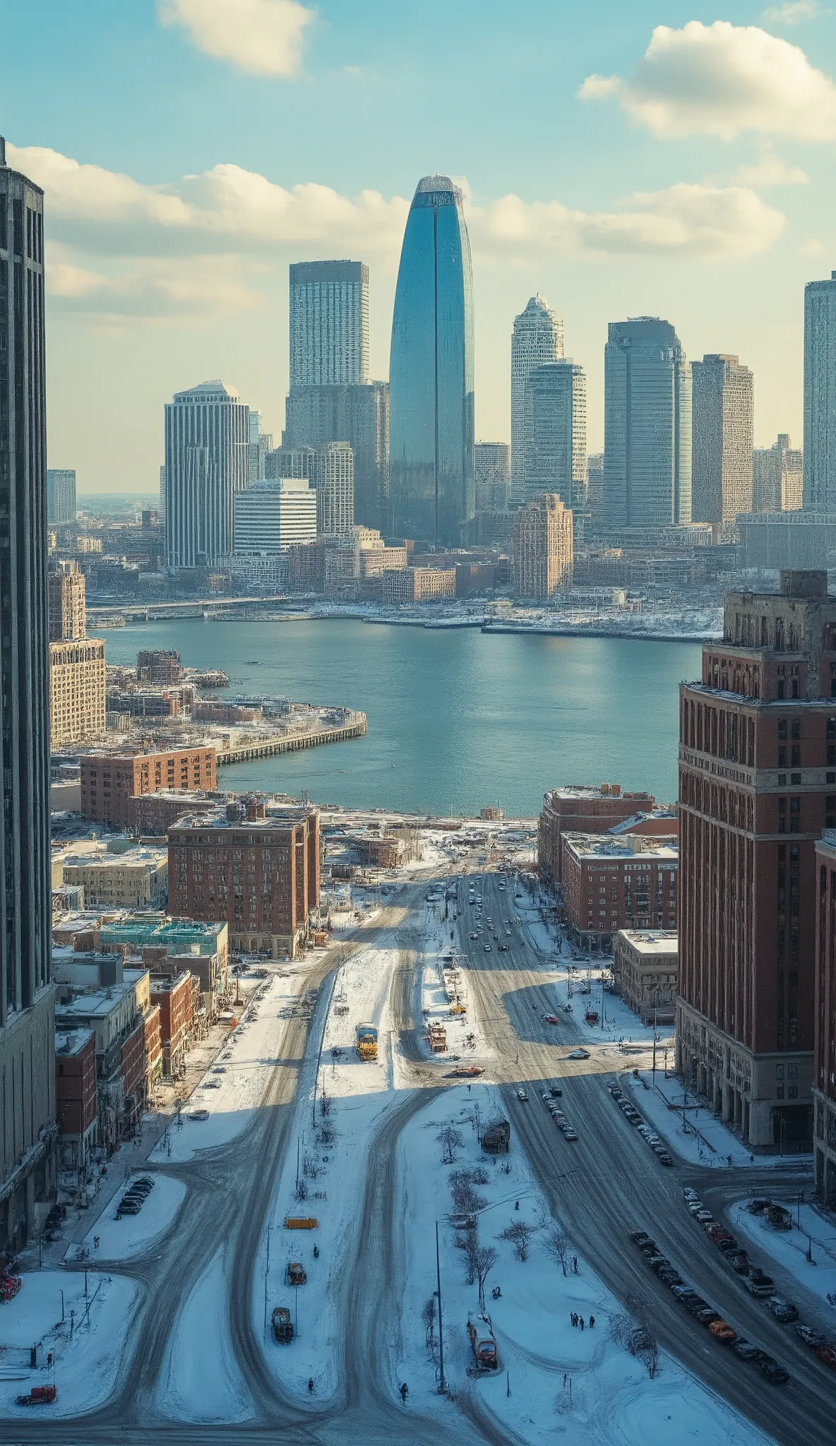 in high-definition images、Detroit cityscape seen from Lake Michigan、A booming city in the 1970s、See the snowy city。