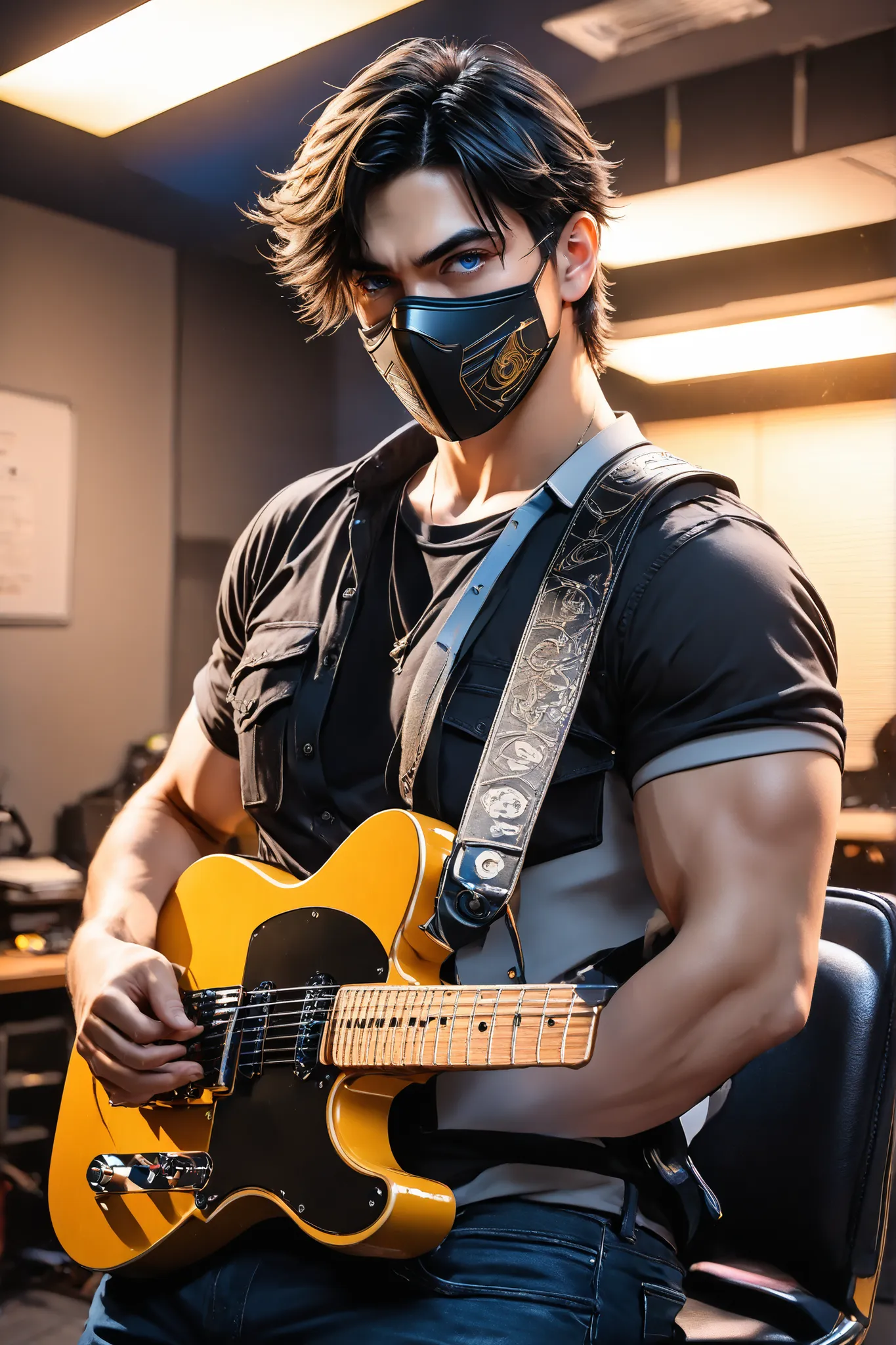 Handsome dark-haired male anime model, 26 year old, wearing a black cyberpunk-style facemask on the lower half of his face, 190cm tall, 100kg muscular body, broad shoulders, tight jeans, black tshirt, tight pants, strong and well-defined body, very athleti...
