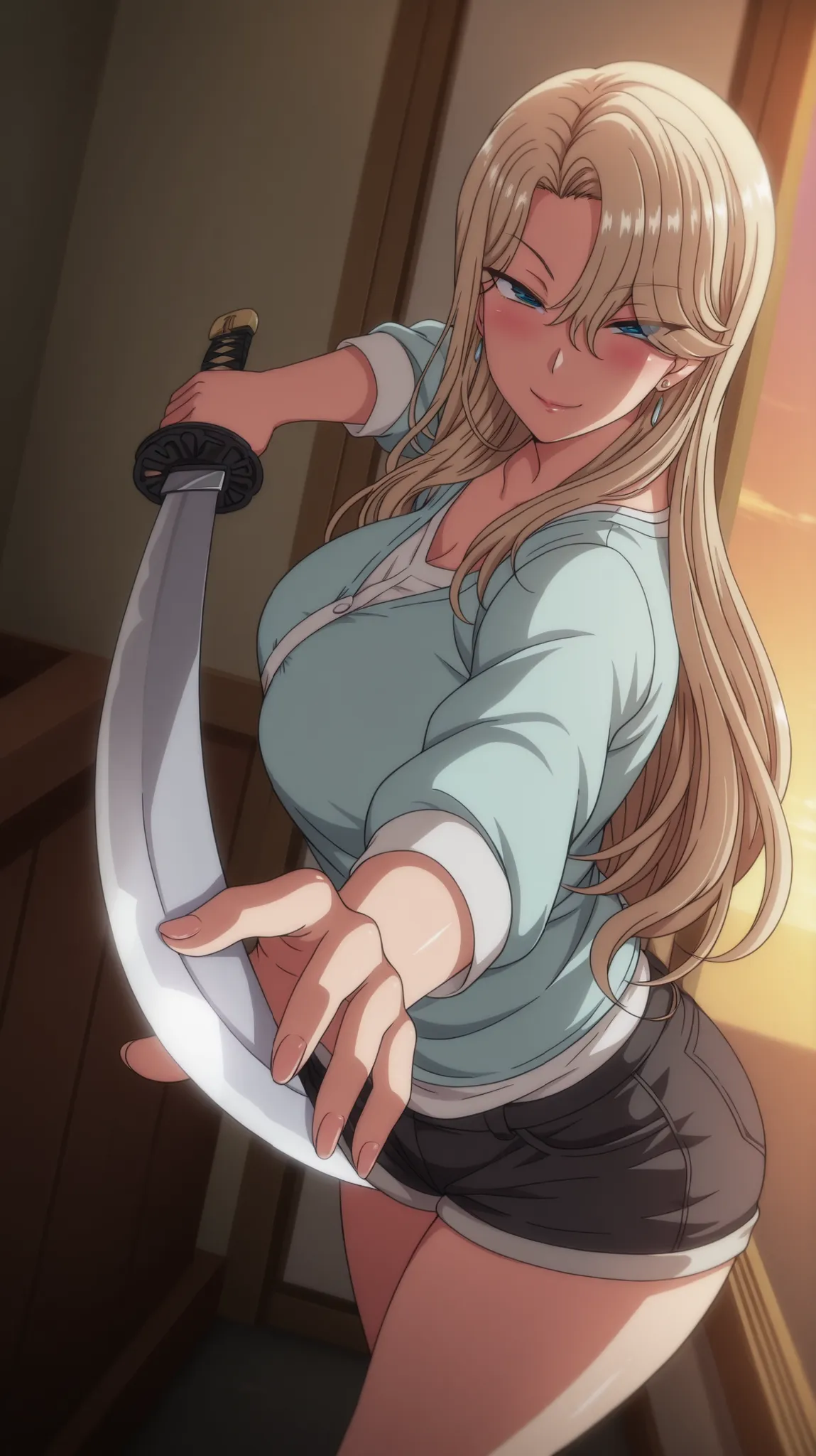 Alone, 1 girl, alone, amazing quality, mature woman, housewife, blonde hair, hair over one eye, long hair, slightly disheveled hair, MILF, soft light, standing, dusk,casual outfit, short shorts, blue eyes, anime coloring, blush, sensual pose, seductive smi...