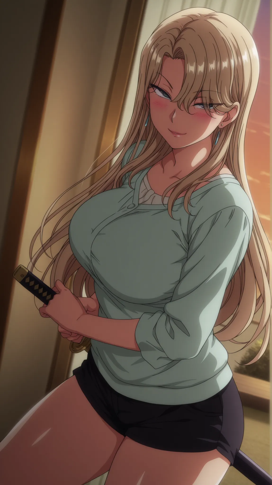 Alone, 1 girl, alone, amazing quality, mature woman, housewife, blonde hair, hair over one eye, long hair, slightly disheveled hair, MILF, soft light, standing, dusk,casual outfit, short shorts, blue eyes, anime coloring, blush, sensual pose, seductive smi...