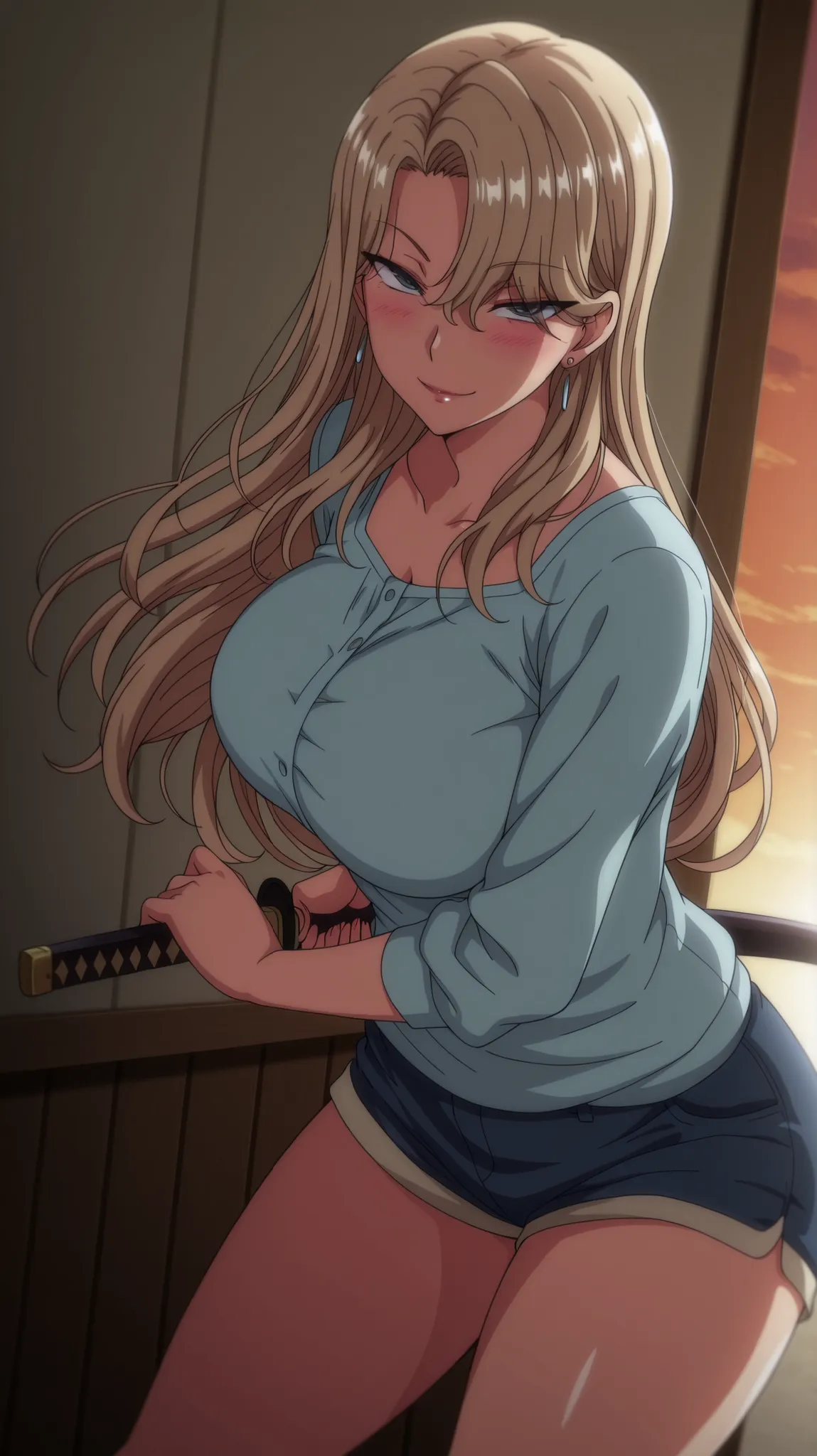 Alone, 1 girl, alone, amazing quality, mature woman, housewife, blonde hair, hair over one eye, long hair, slightly disheveled hair, MILF, soft light, standing, dusk,casual outfit, short shorts, blue eyes, anime coloring, blush, sensual pose, seductive smi...