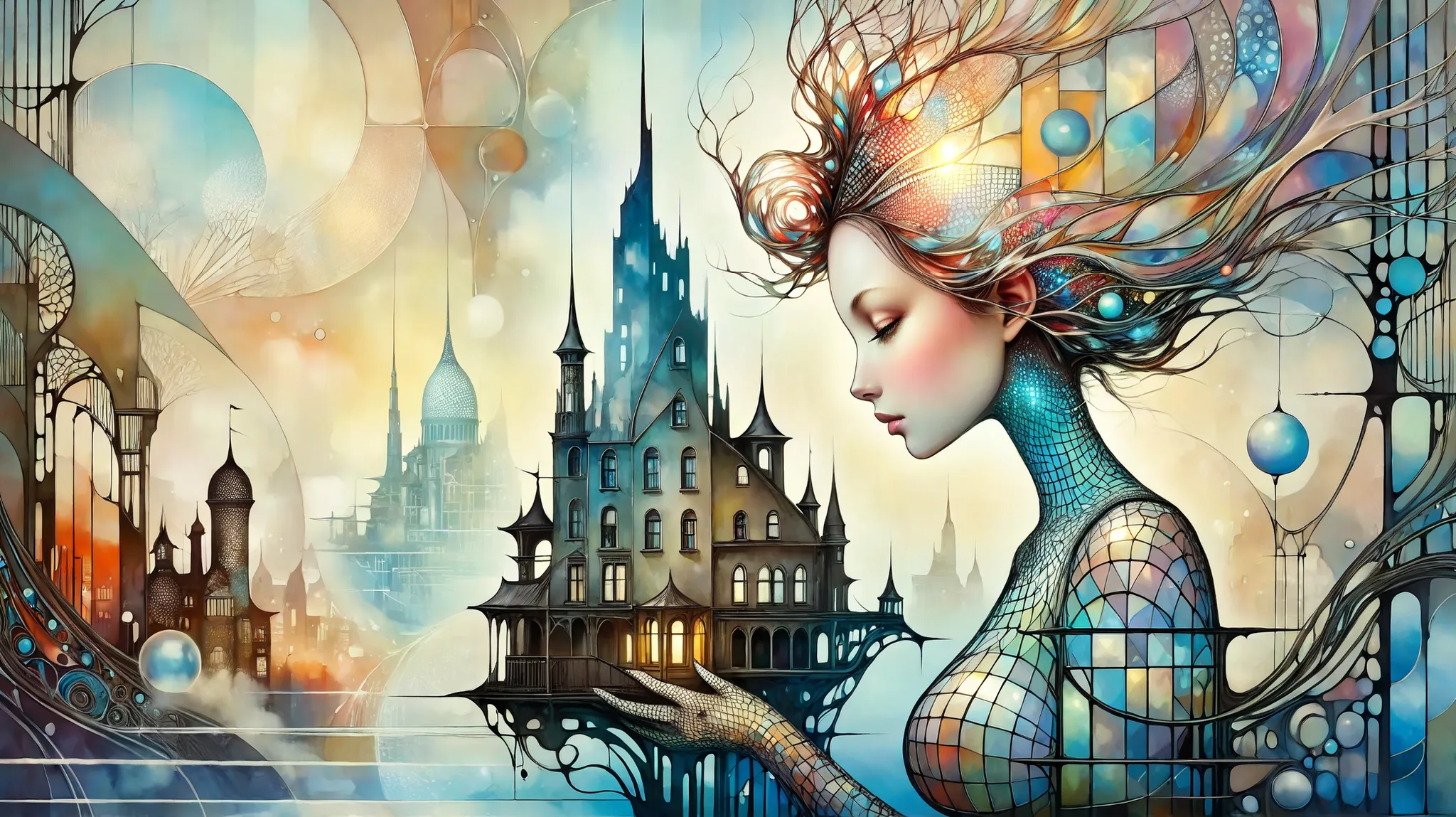 Picture a surreal female profile transforming into a futuristic cityscape, blending fantasy elements with a touch of the surreal. The image is highly detailed, inspired by the works of Catrin Welz-Stein, featuring a delicate balance between human and archi...