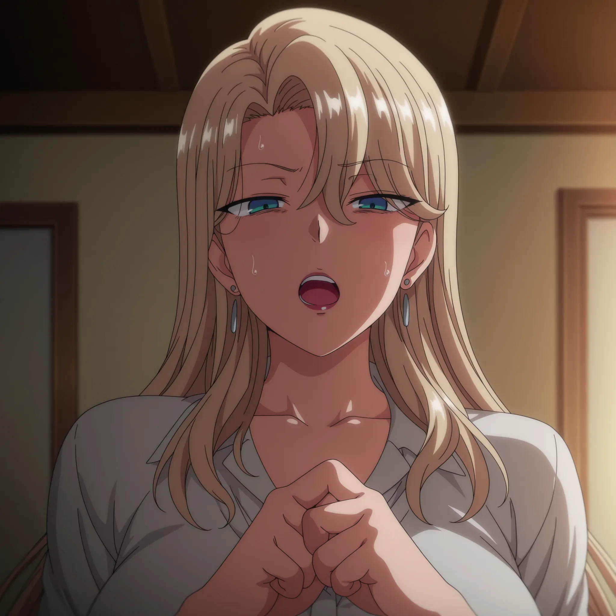 Alone, 1 girl, alone, amazing quality, mature woman, housewife, blonde hair, hair over one eye, long hair, slightly disheveled hair, MILF, soft light, dusk,blue eyes, anime coloring, masterpiece, best quality, amazing quality, cracking knuckles, shaded fac...