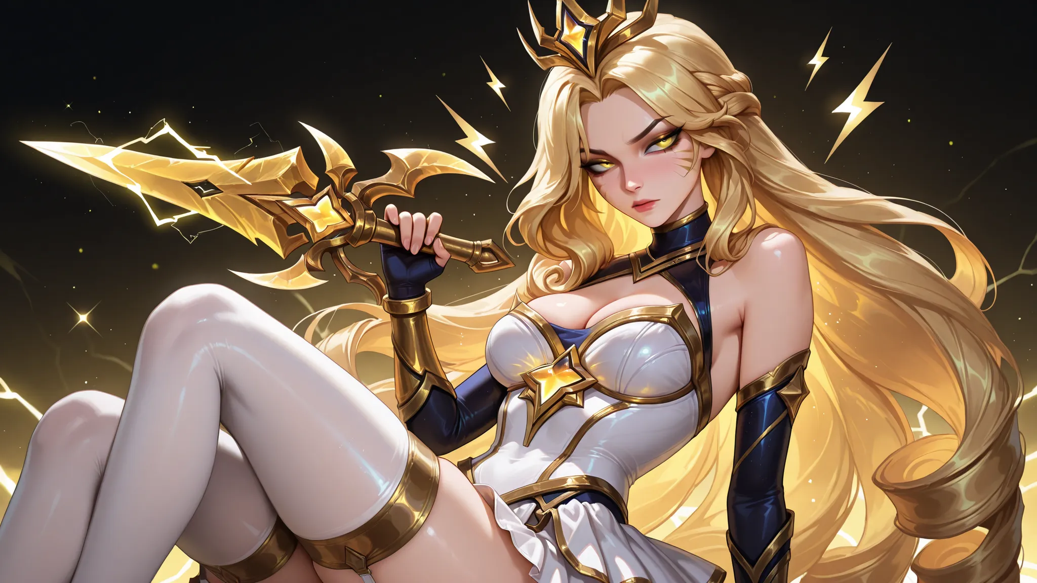 ((zoomed out view)) seductive serious portrait of female bold leader magical girl character from star guardians (league of legends), long gold hair with voluminous soft curls, half-up half-down style, subtle golden crown accessory, vibrant shimmering gold ...