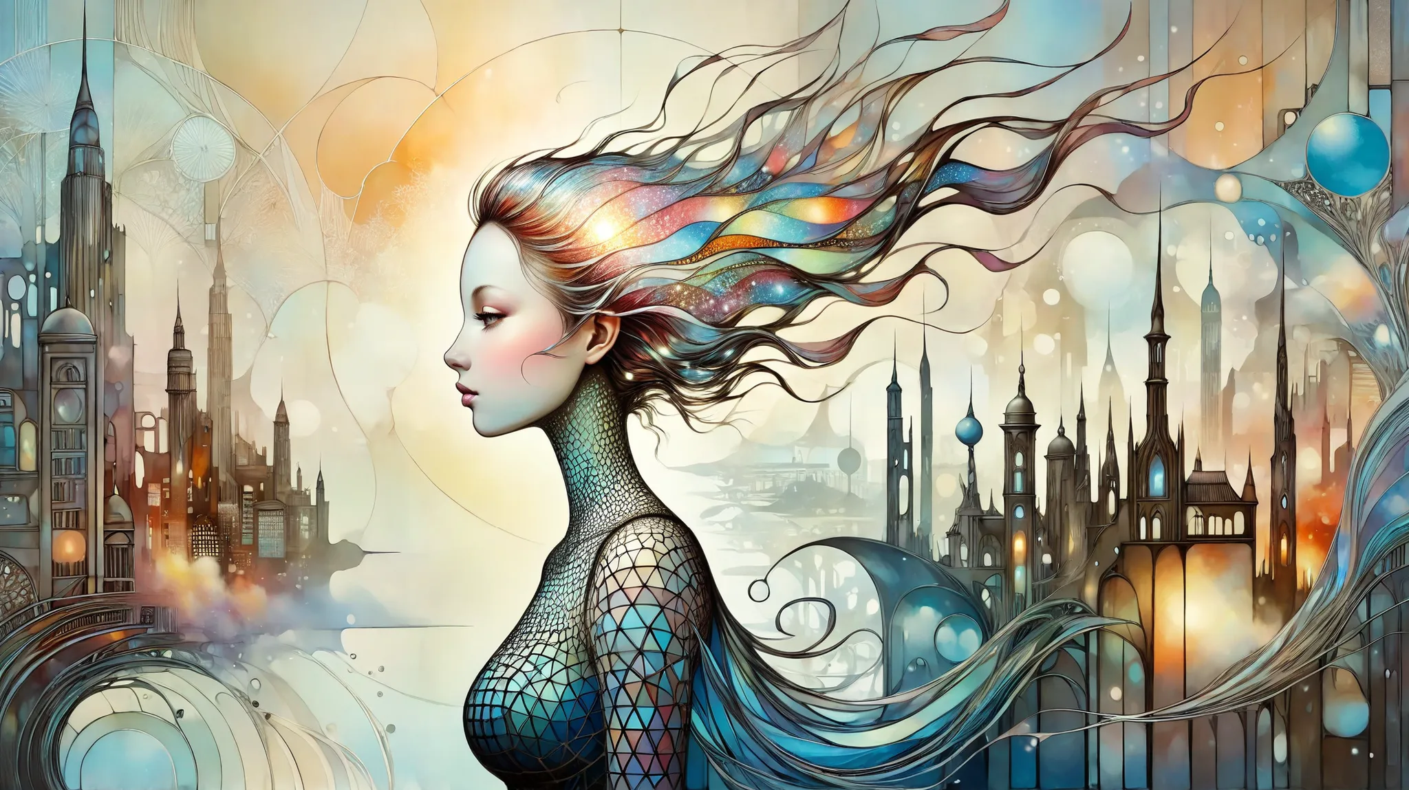 Picture a surreal female profile transforming into a futuristic cityscape, blending fantasy elements with a touch of the surreal. The image is highly detailed, inspired by the works of Catrin Welz-Stein, featuring a delicate balance between human and archi...