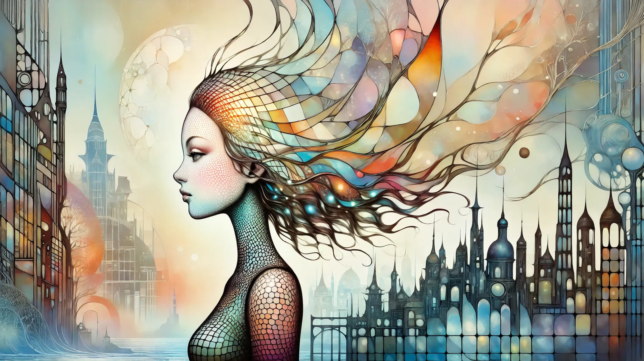 Picture a surreal female profile transforming into a futuristic cityscape, blending fantasy elements with a touch of the surreal. The image is highly detailed, inspired by the works of Catrin Welz-Stein, featuring a delicate balance between human and archi...