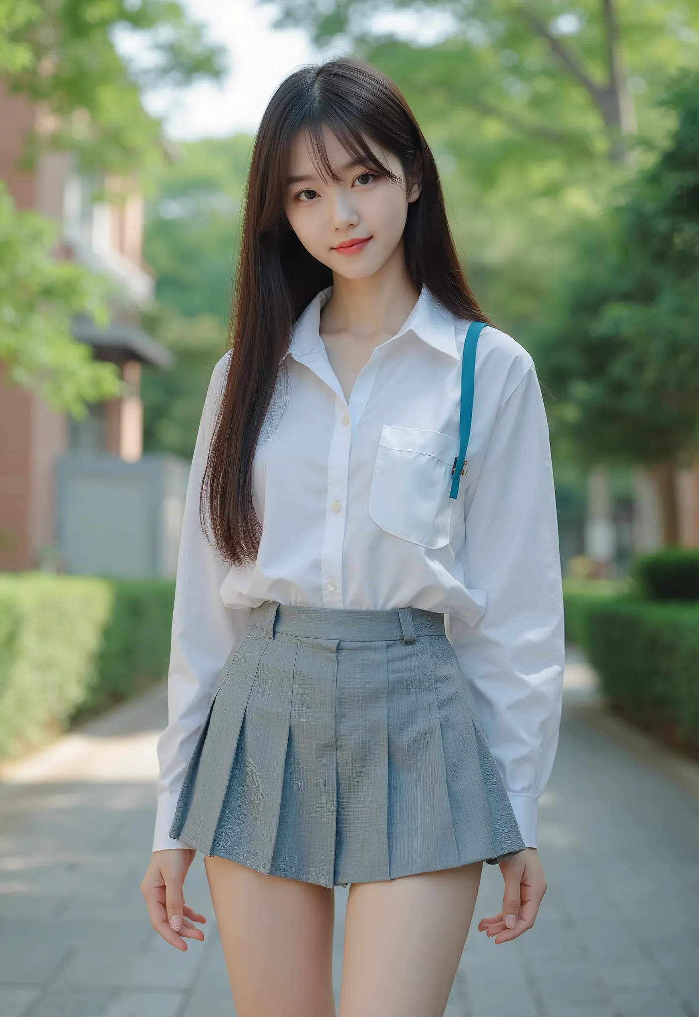 standing in the school yard 、Thin fingers、Japanese high school students、uniform、miniskirt、cute face、 long hairstyle due to things、is smiling、we see our white underwear、full body image