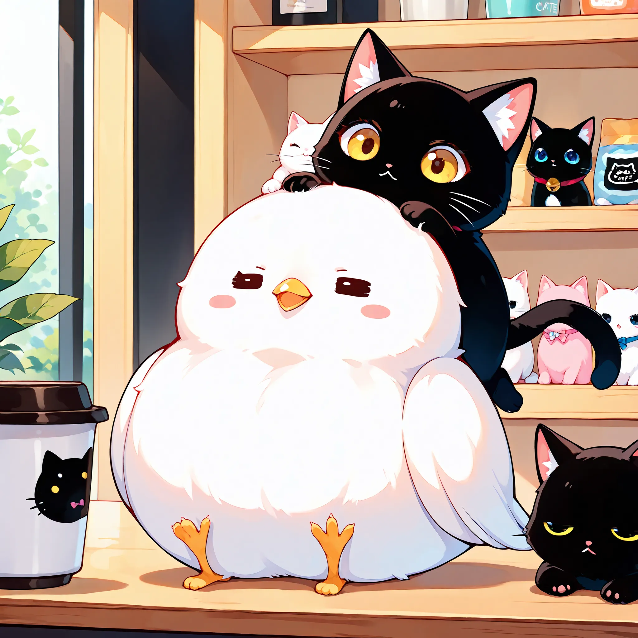Masterpiece,Best quality, ultra detailed,Japanese Anime style, (pure white sparrow mascot) , round body, fluffy body,simple face, cute appearance, in the Cat cafe, fluffy black kittens, lined up, cat toys,