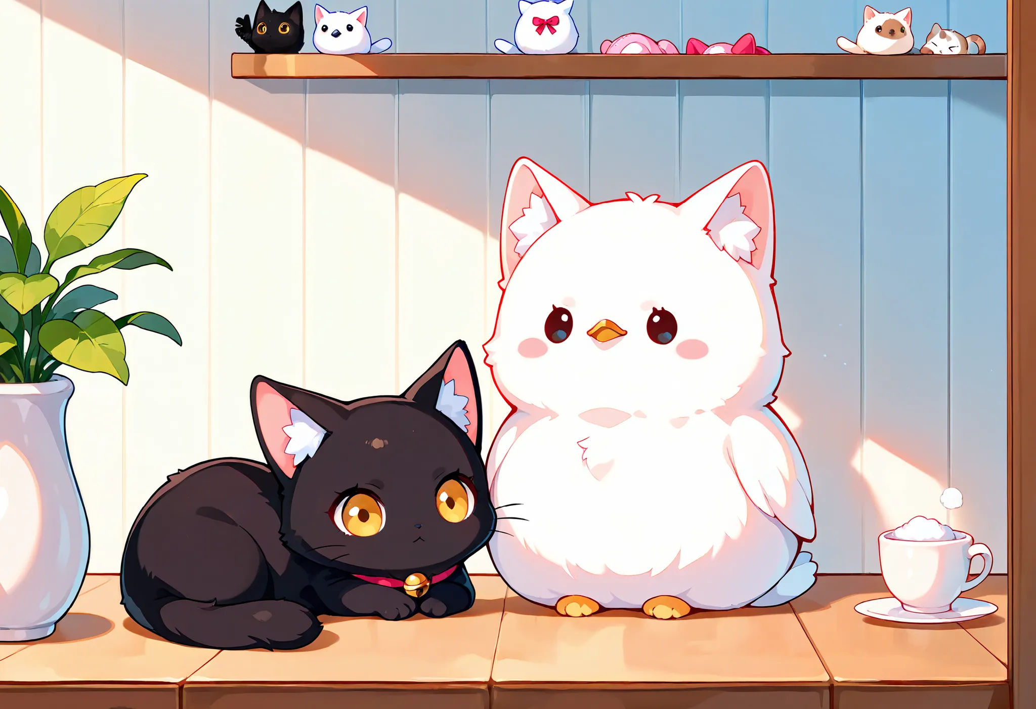 Masterpiece,Best quality, ultra detailed,Japanese Anime style, white sparrow and kitten,(pure white sparrow mascot) , round body, fluffy body,simple face, cute appearance, in the Cat cafe, fluffy black kitten, lined up, cat toys,