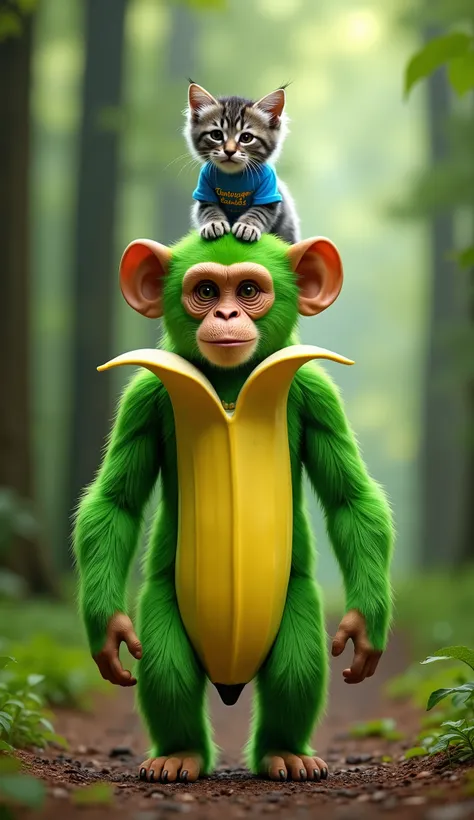A digital photograph features a fantastical creature resembling a green chimpanze  fused with a banana, with a joyful gray tabby kitten sitting on top of its head. The kitten wears a blue T-shirt that says 'Tungtung Sahur', and looks playful and energetic....