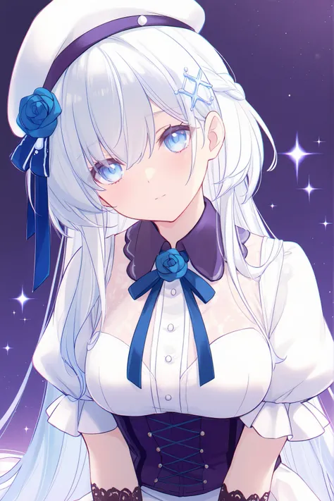 masterpiece, best quality, ultra detailed, 1girl, solo, white hair, very long hair, blue eyes, white beret, blue rose hair accessory, white blouse with puffy sleeves, dark purple corset with blue lacing, blue ribbon tie at collar, white skirt, black lace g...