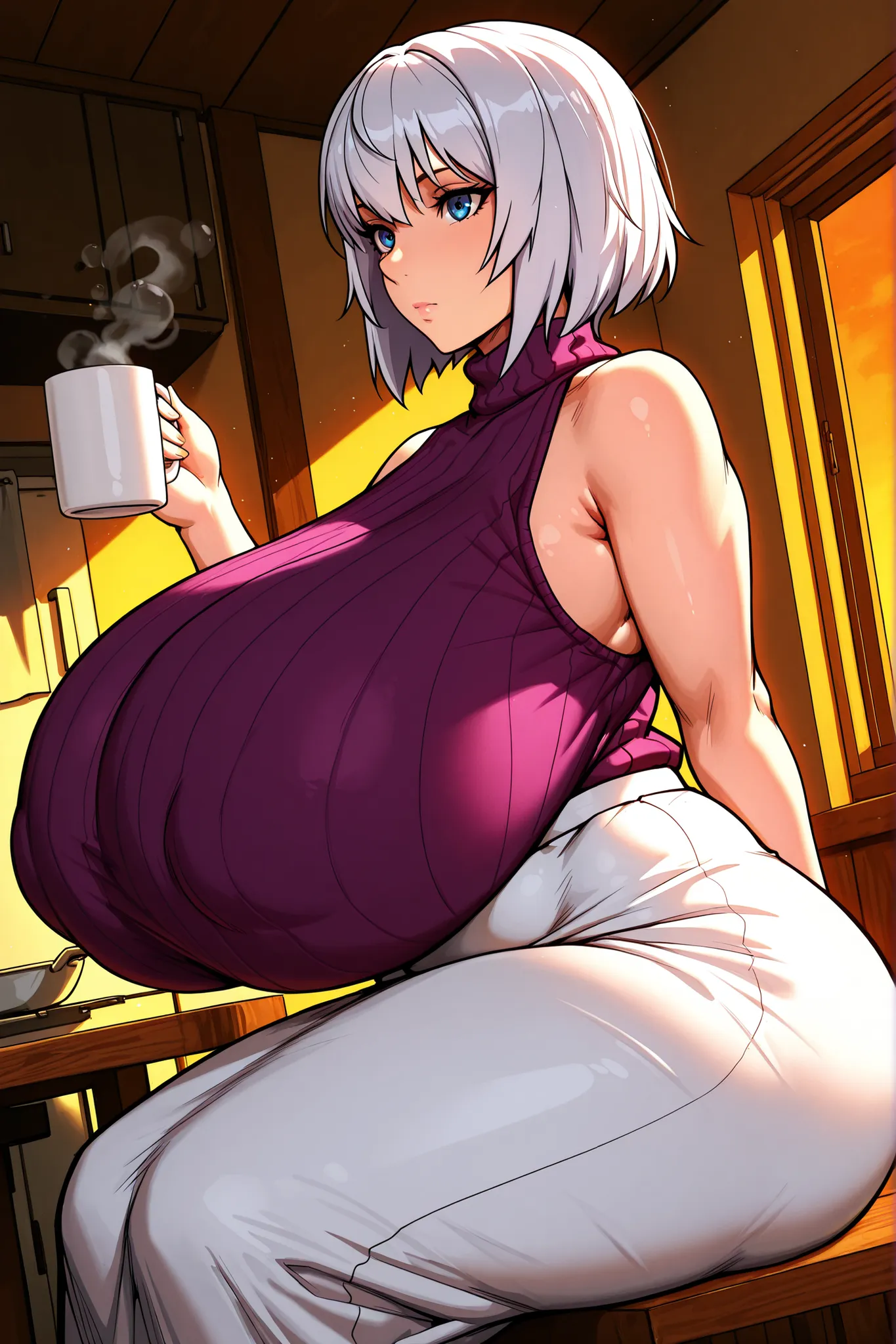 1girl, solo, gray hair, gilf, medium hair, bob cut, blue eyes, cute, stern, (gigantic breasts:1.3), round breasts, sagging breasts, covered breasts, long breasts, hefty breasts, plump, voluptuous, chubby, thick thighs, thick hips, wide ass, bubble butt, ma...