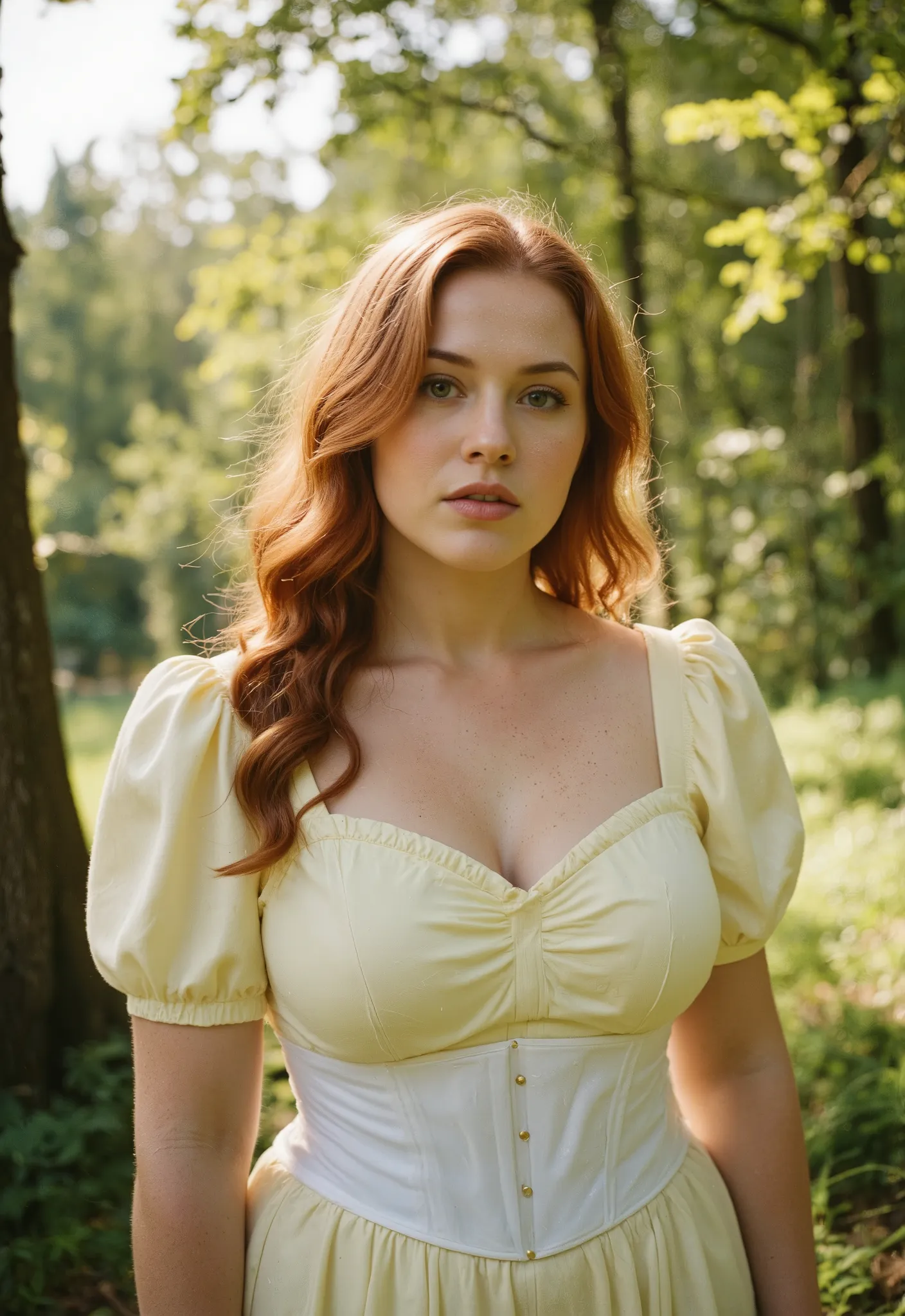 "A voluptuous young woman with long wavy red hair standing in a sun-dappled forest clearing, wearing a pastel yellow vintage dress with puffed sleeves and a tight white corset, her pale skin glistening with a soft natural sheen, looking down pensively, sur...