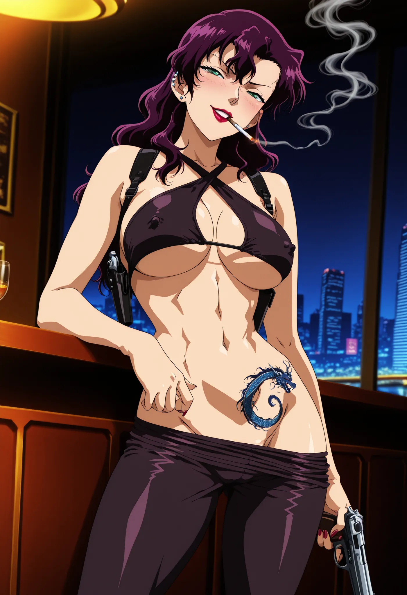 Ikumi Souda,purple hair,long hair,lipstick,green eyes, medium breasts,
, ear piercing, long hair, blush, lipstick,Hot girl, baddie, smoking, sensual, attractive, pull_down leggings,(show
off panties,:1.2, no panties),seductive smile,, BREAK, 1girl, , sexy ...