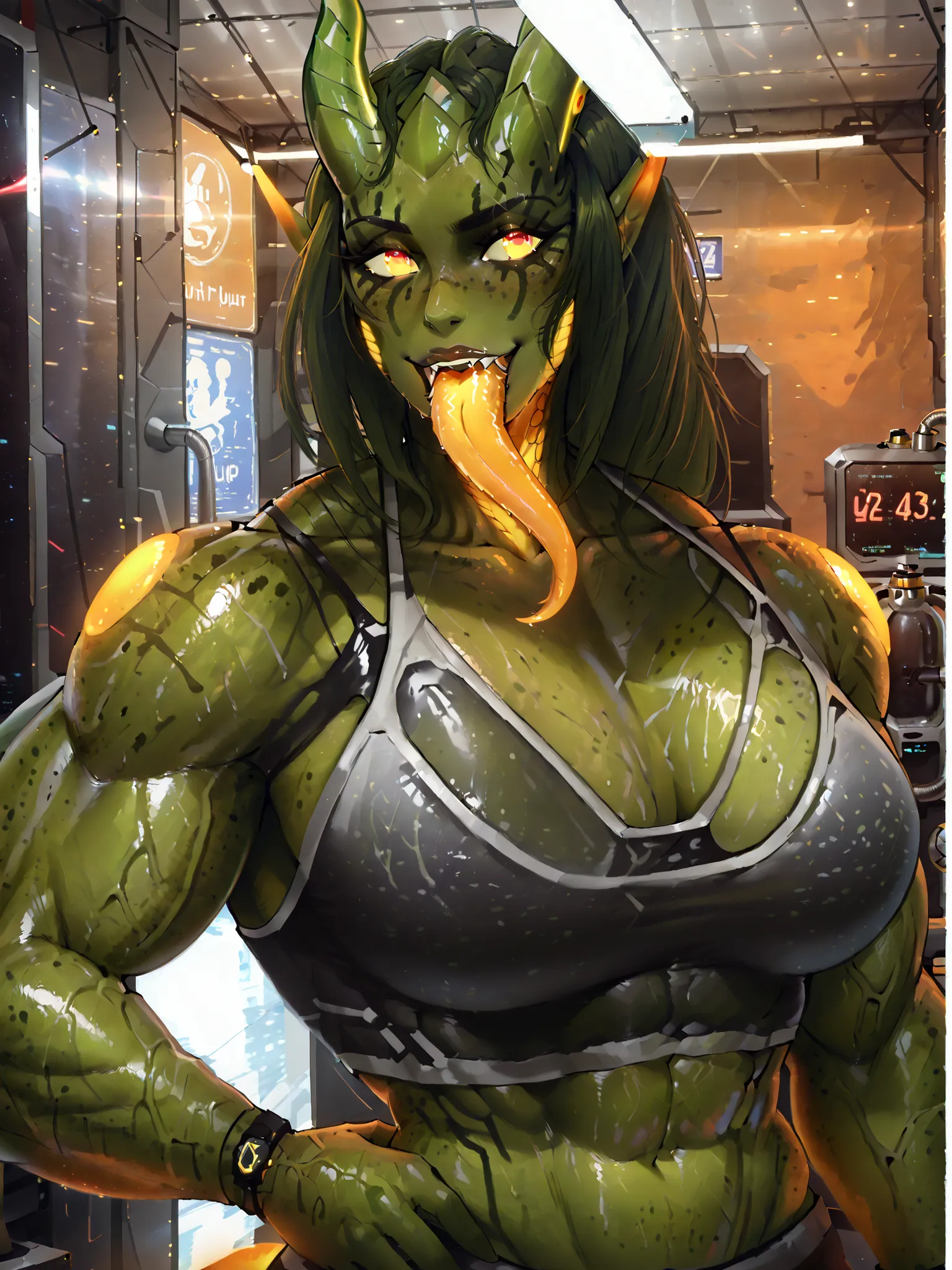 natyss,alien girl,green skin
glowing horns,glowing eyes,glowing ears, glowing cheeks,glowing neck, body freckles, glowing tail,tail, muscle female soft very thick. long tongue,glowing tongue. veins pump up.
