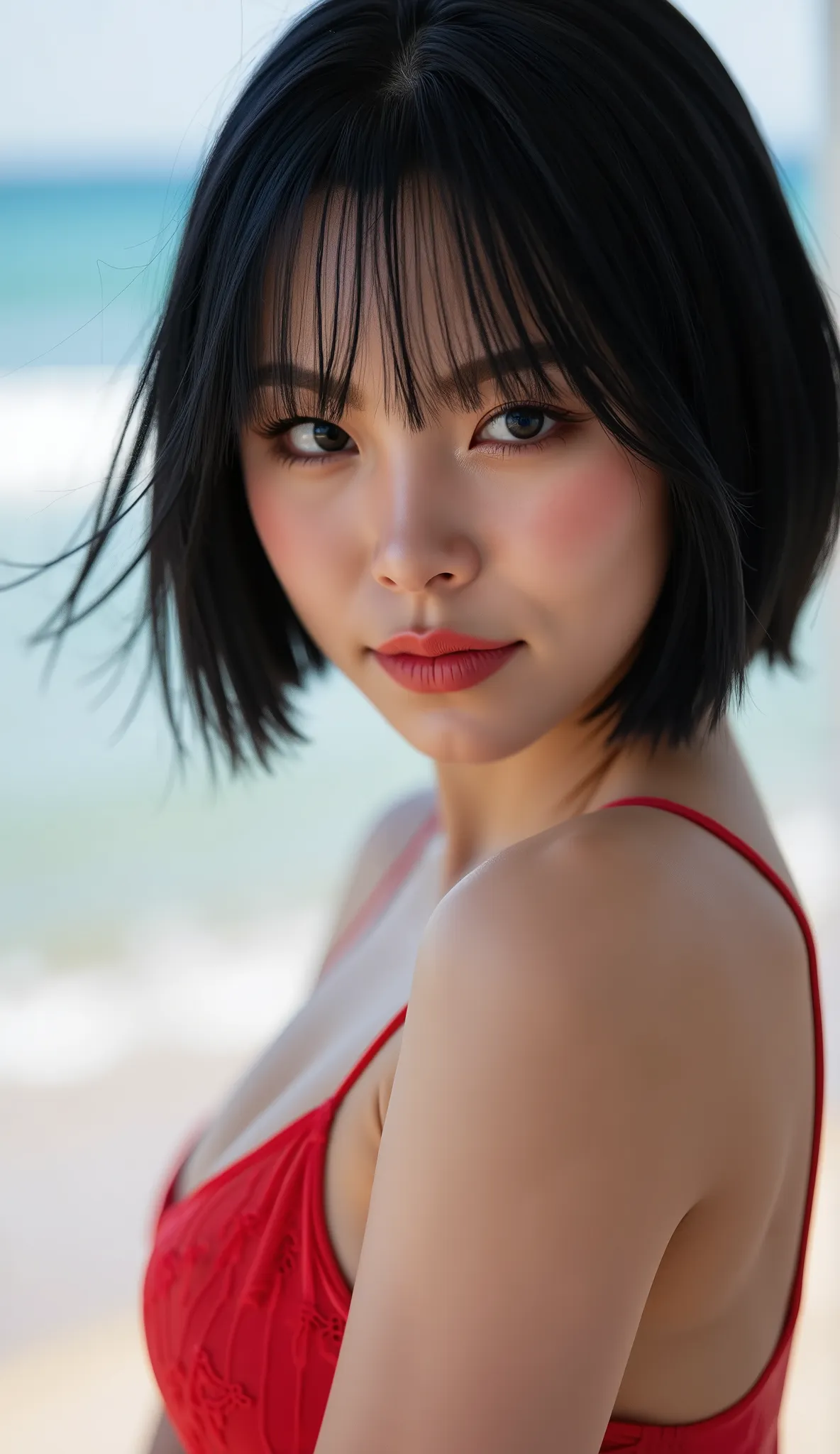 Realistic (photorealistic Realism 16K Quality), (high resolution detailed 8k), (ultra realistic details digital art), (best quality), (realistic texture details: velvety skin, hair), professional photography, (glamour shot of 1woman:1.4, 20-year-old), perf...