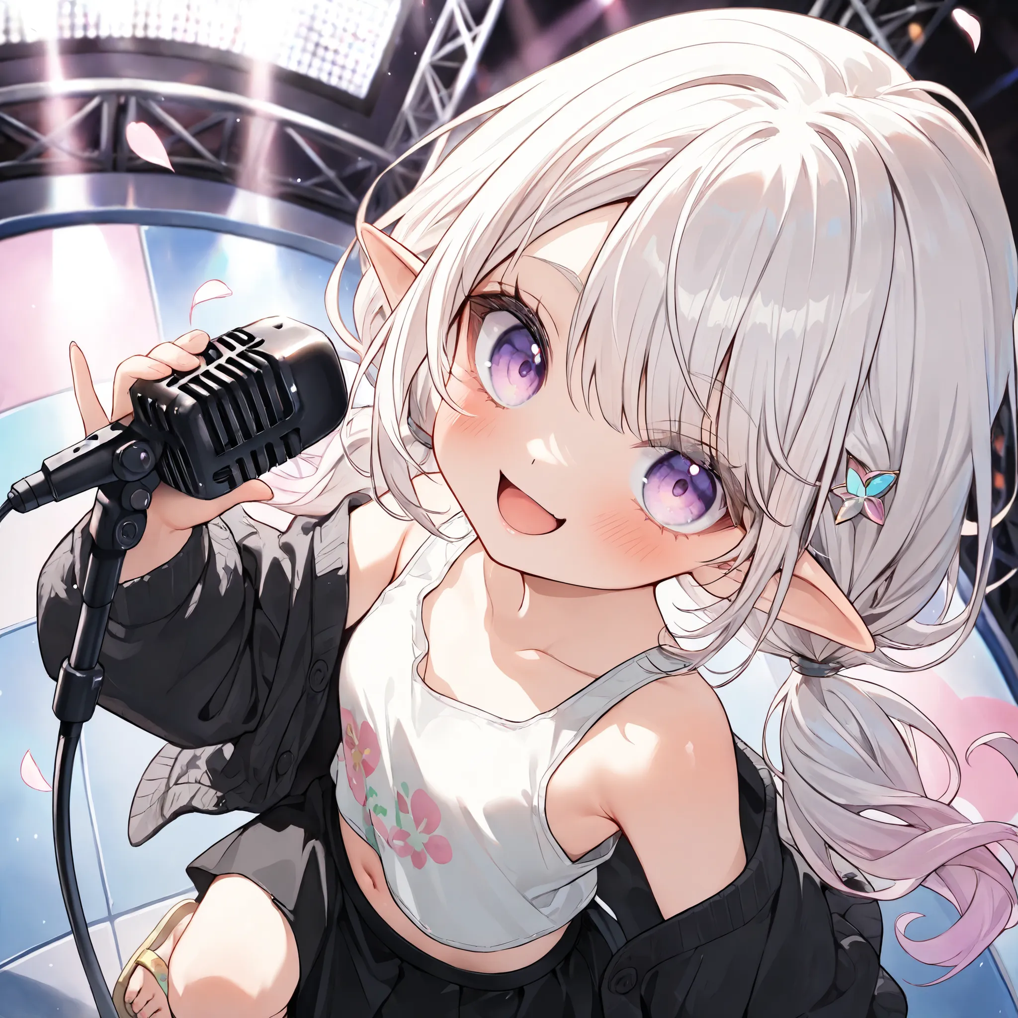 ((Masterpiece)), ((best quality, very aesthetic, absurdres, newest)), (fisheye, from above, profile), (8K), (cinematic lighting), ((1girl)), (cute young girl), (Healthy body, Textured skin, small breast, tilt head), elf ears, Glossy unruly hair, (platinum-...