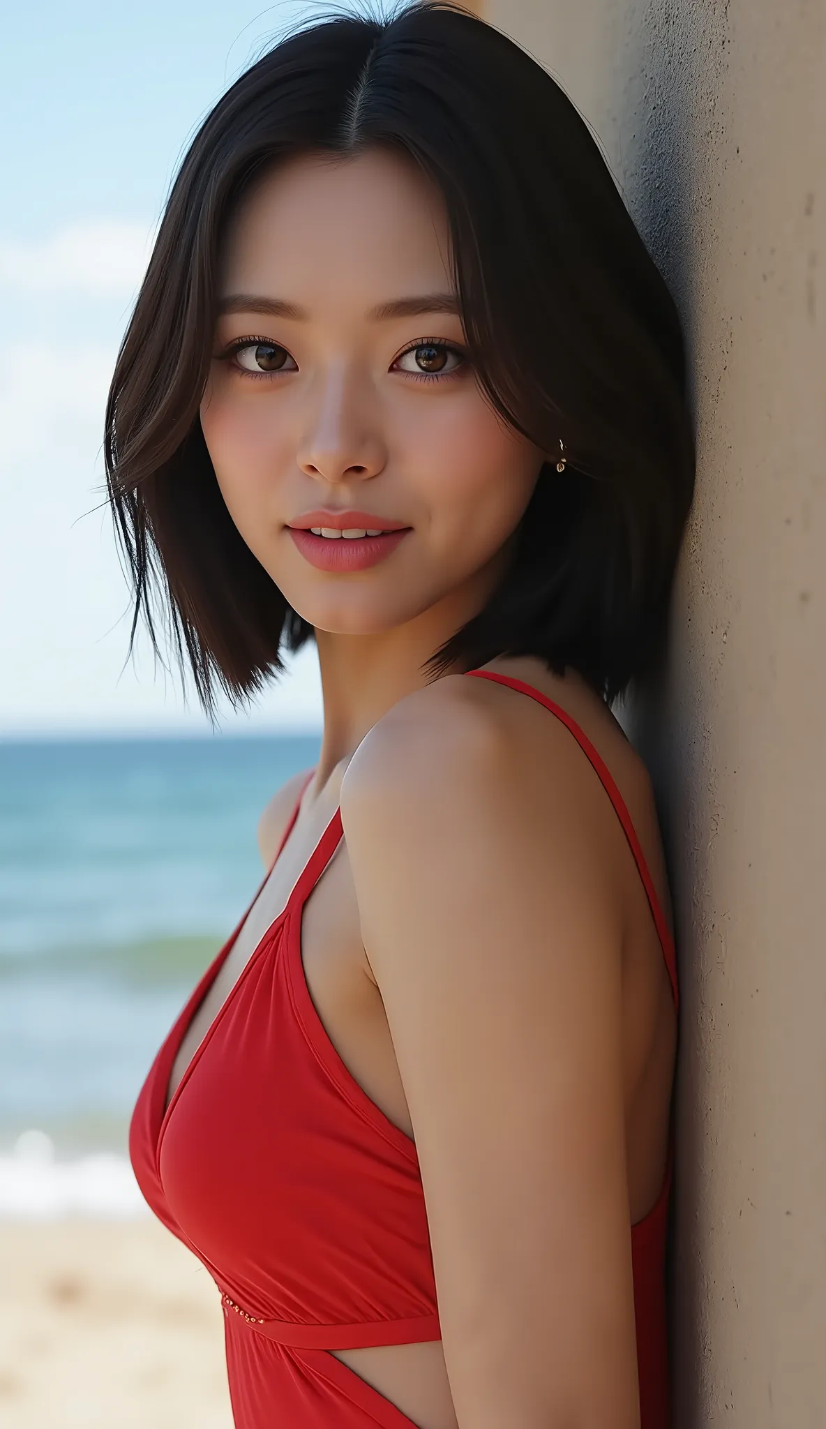 Realistic (photorealistic Realism 16K Quality), (high resolution detailed 8k), (ultra realistic details digital art), (best quality), (realistic texture details: velvety skin, hair), professional photography, (glamour shot of 1woman:1.4, 20-year-old), perf...