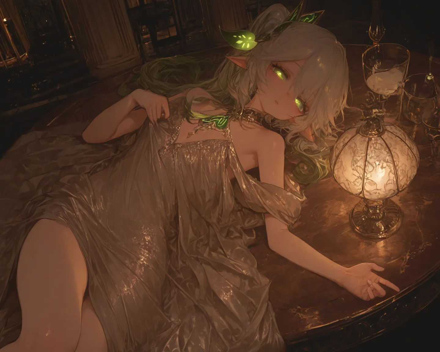 1girl, nahida_(genshin_impact), glowing eyes, 748cmstyle, dishwasher1910, pigeon666, hairsyle: bob cut, luxury dress, reoen, masterpiece, best quality, good quality, newest, 4k, 8k, highres, ultra-detailed, HDR, UHD, anime style, Source anime, old mansion, dinner table, looking at viewer, night theme, lying, taking off dress,