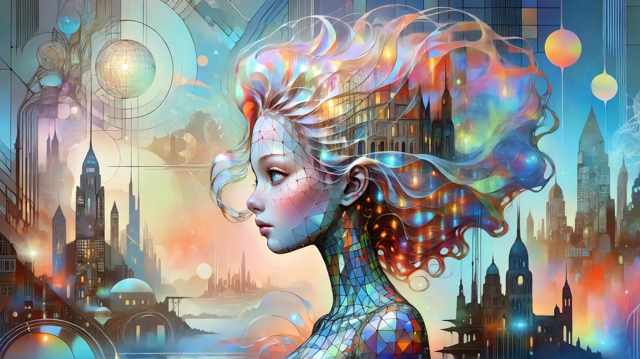 Picture a surreal female profile transforming into a futuristic cityscape, blending fantasy elements with a touch of the surreal. The image is highly detailed, inspired by the works of Catrin Welz-Stein, featuring a delicate balance between human and archi...