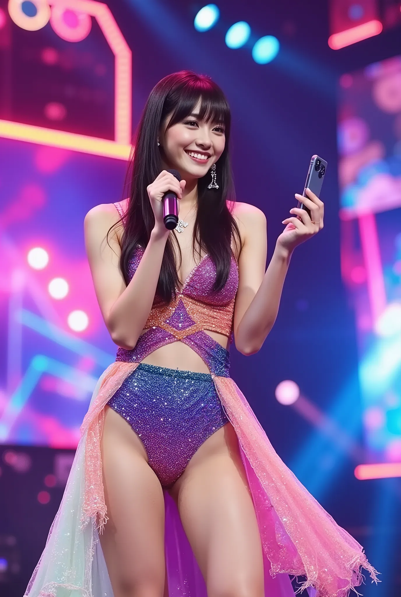 kpop Idol girl. She is wearing a multi-colored dress. He holds the microphone. He looks at his phone's camera. posing for a photo. She smiles. Background : stage,neon illumination. A K-pop concert.