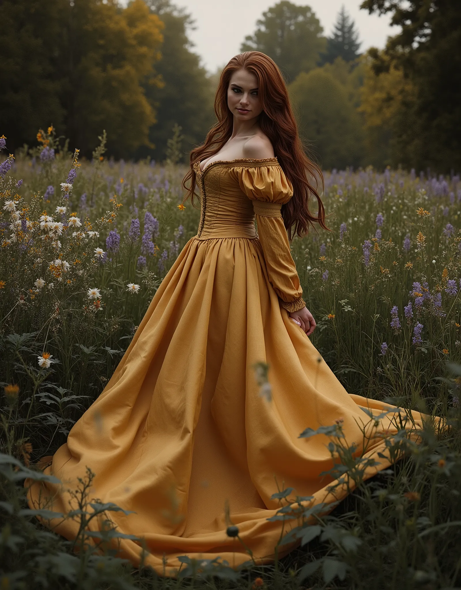 "Pre-Raphaelite fine art portrait of a voluptuous young woman with flowing auburn-red hair, standing in a secluded forest glade, wearing a flowing pale yellow medieval-inspired gown with puffed sleeves and a delicately laced corset, her fair skin glowing s...