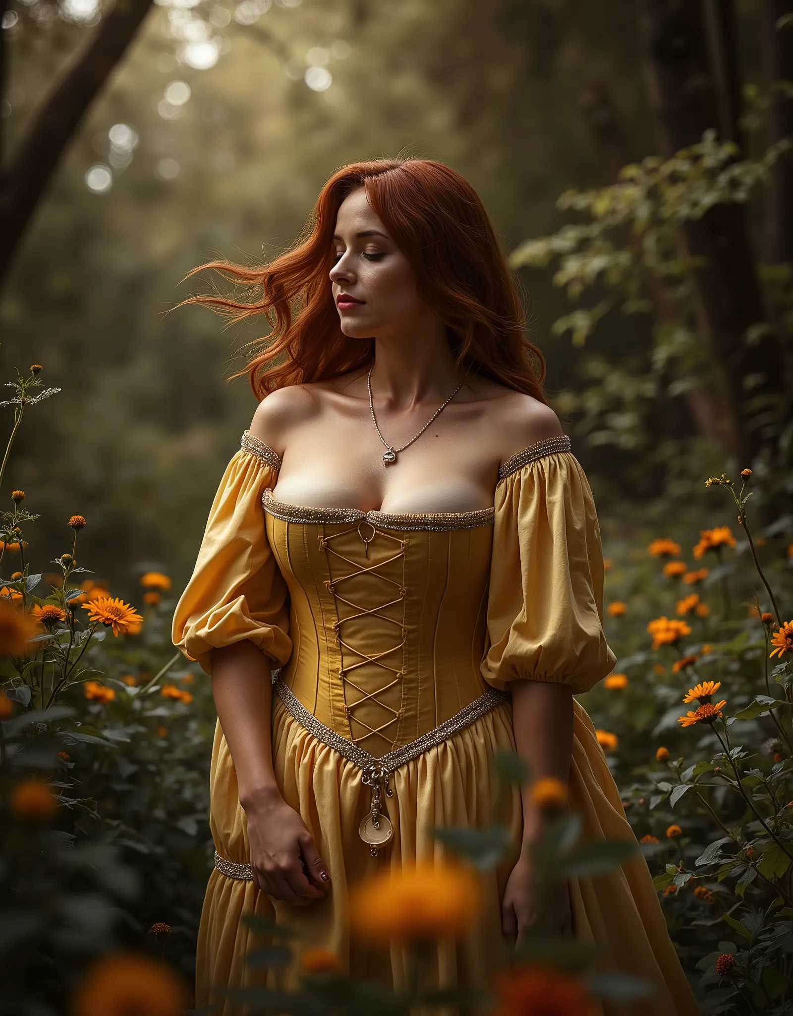 "Pre-Raphaelite fine art portrait of a voluptuous young woman with flowing auburn-red hair, standing in a secluded forest glade, wearing a flowing pale yellow medieval-inspired gown with puffed sleeves and a delicately laced corset, her fair skin glowing s...