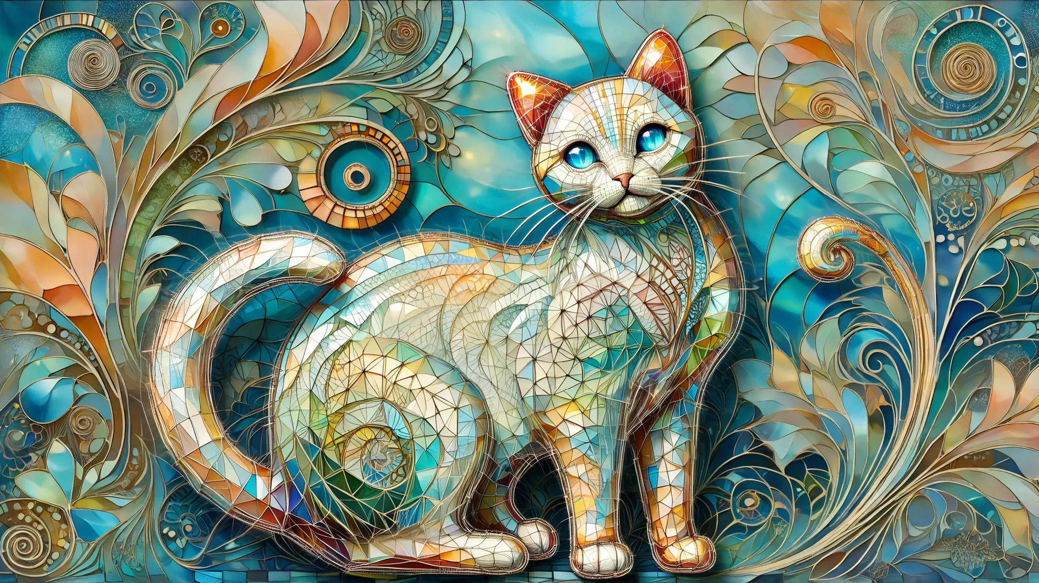 A cat of complex design is portrayed in this artwork, blending perfectly organic forms and vibrant colors to create an enchanting look. The feline is adorned with elaborate spiral patterns, reminiscent of the Art Nouveau style, characterized by flowing cur...