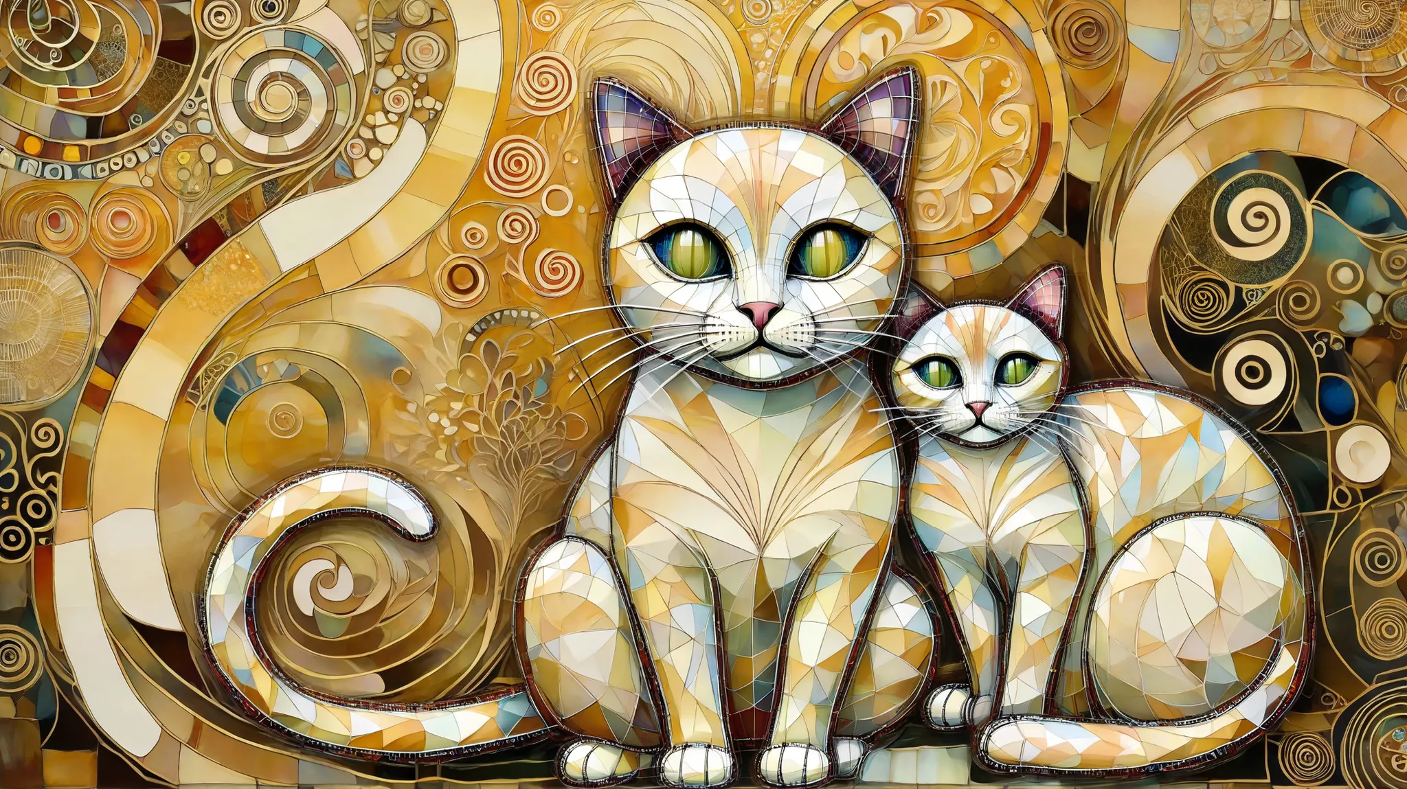 painting of two cats seated side by side on a gold background, Klimt e Nixeu, por Jean Hey, Gustav Klimt style, inspired by Gustav Klimt, inspirado por Klimt, by Olga Boznańska, Gustav Klimt style, por Svetlin Velinov, Inspired by Leo and Diane Dillon. A ...