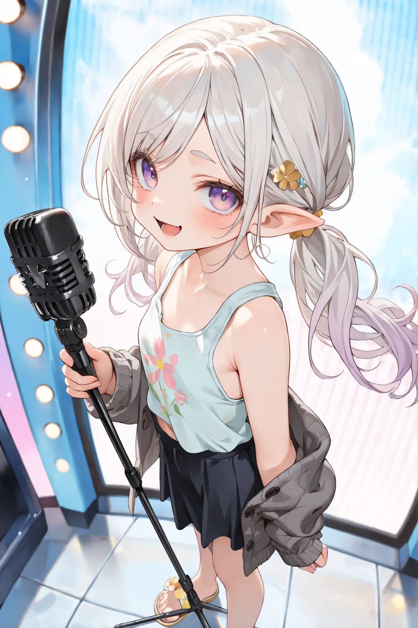 ((Masterpiece)), ((best quality, very aesthetic, absurdres, newest)), (fisheye, profile), (8K), (cinematic lighting), ((1girl)), (cute young girl), (Healthy body, Textured skin, small breast, tilt head), elf ears, Glossy unruly hair, (platinum-gold hair, g...