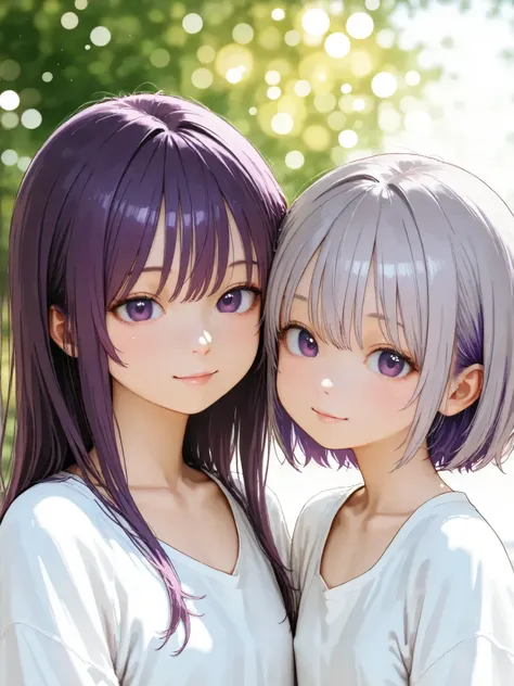 short girl, 2 girls,is young, flat chested,realisticな外観, big purple eyes, Two-tone purple hair and gray hair、white shirt、snuggle、Outdoors、細部にこだわったrealisticな影、movie stills, High Quality, realistic, 4K rendering, ultra-fine texture, PROFESSIONAL , bright col...