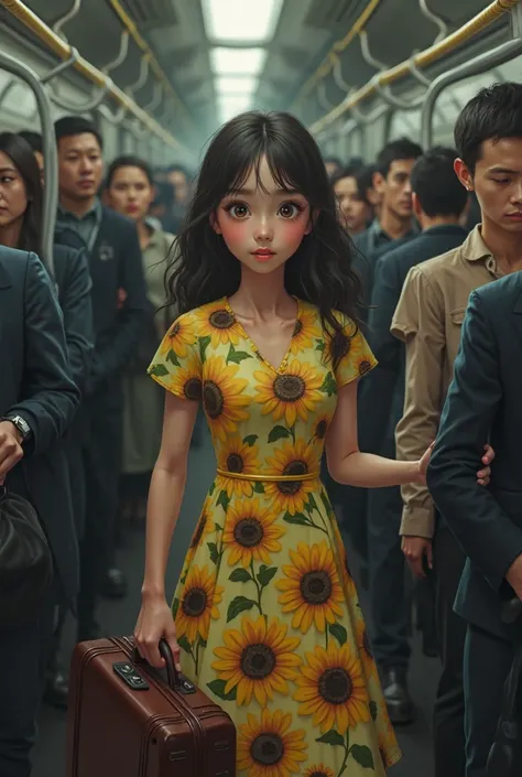 Same girl with sunflower dress and suitcase being groped on a crowded train