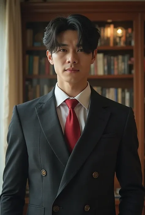 20 year old man, very handsome, Chinese Series Stars, white, handsome face, super slim, face clear, Cool Standing, Left hair raised up, tie, face down, looks at the camera, Tilted neck , Thug gesture, Shaggy hair ,Mad Mafia, black hair, messy classic hair-...