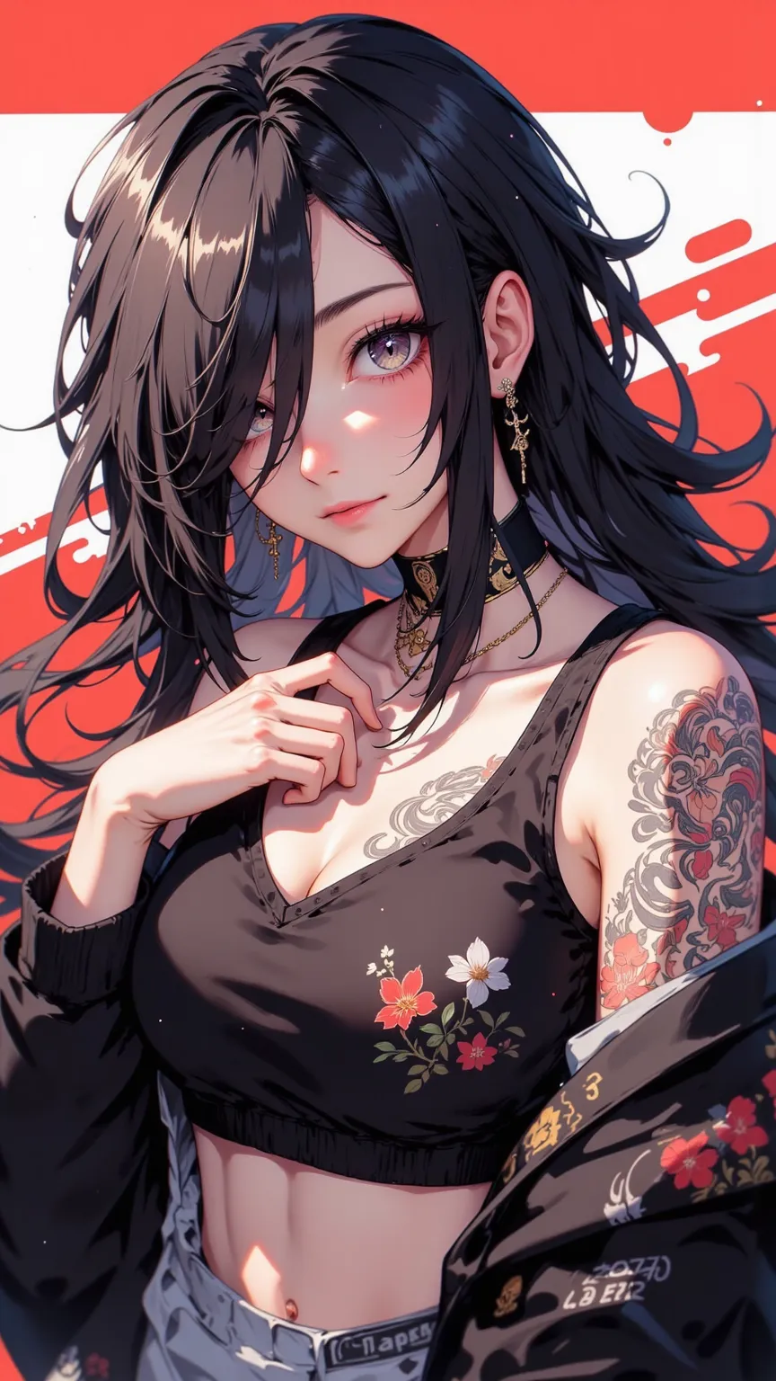 （Score_core_8_rise，Score_7_rise，Score_6_rise，
（masterpiece）、（best quality）、（8k）、1girl、solo、Bodyweight Arm、滿身Tattoo、頸部Tattoo、Tattoo：1.4、hoodie、Cropped Vest、big breasts、cleavage、necklace、necklace、temptation、Tempting、frivolous、gentle、like、It's fun、looking at the audience、Tempting的肢體語言、Smile、 Outdoor、face
Black Hair，hand on breast，tease，squeezed breasts，