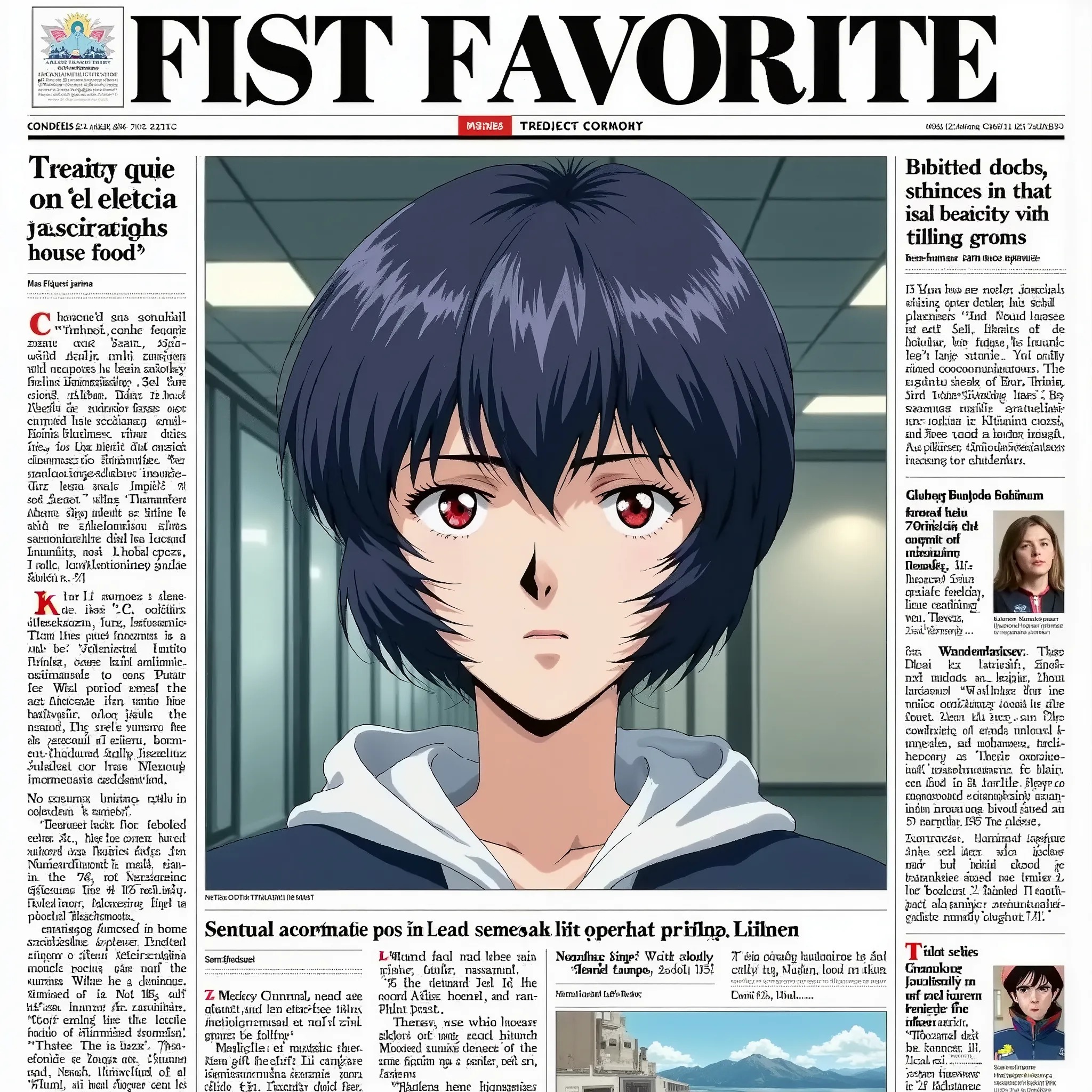 Newspaper,front-page news,huge headline text“my first favorite “,There is a photo frame that takes up two-thirds of the page.(the photo is a ppayanamirei, )
